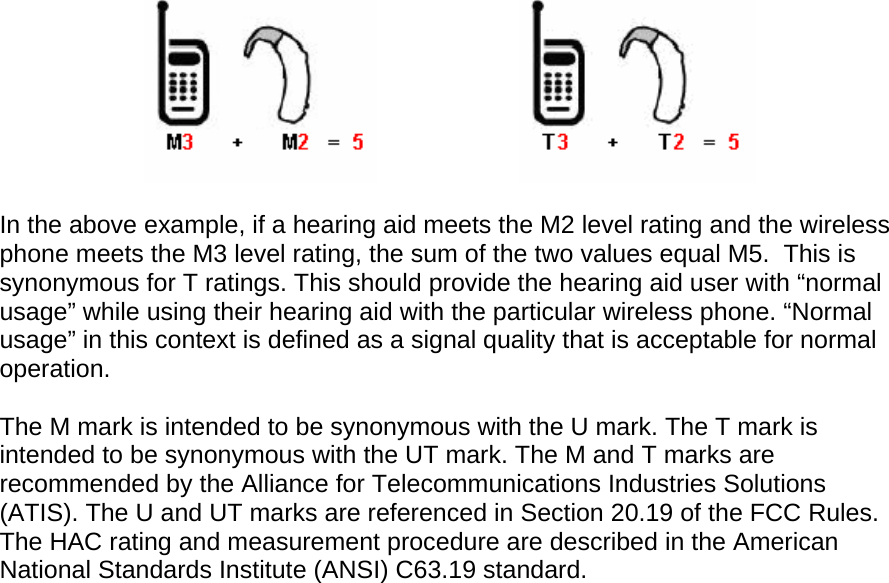       In the above example, if a hearing aid meets the M2 level rating and the wireless phone meets the M3 level rating, the sum of the two values equal M5.  This is synonymous for T ratings. This should provide the hearing aid user with “normal usage” while using their hearing aid with the particular wireless phone. “Normal usage” in this context is defined as a signal quality that is acceptable for normal operation.   The M mark is intended to be synonymous with the U mark. The T mark is intended to be synonymous with the UT mark. The M and T marks are recommended by the Alliance for Telecommunications Industries Solutions (ATIS). The U and UT marks are referenced in Section 20.19 of the FCC Rules. The HAC rating and measurement procedure are described in the American National Standards Institute (ANSI) C63.19 standard.   