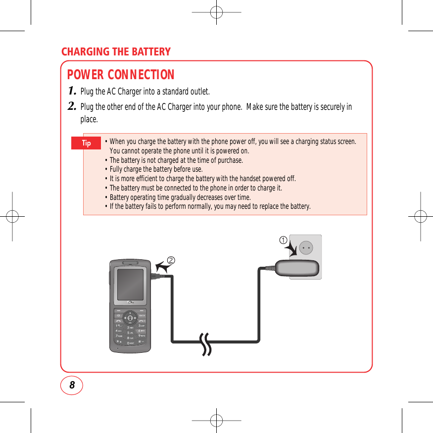 CHARGING THE BATTERY8POWER CONNECTION1.Plug the AC Charger into a standard outlet.2.Plug the other end of the AC Charger into your phone.  Make sure the battery is securely inplace.• When you charge the battery with the phone power off, youwill see a charging status screen.You cannot operate the phone until it is powered on.• The battery is not charged at the time of purchase.• Fully charge the battery before use.• It is more efficient to charge the battery with the handset powered off.• The battery must be connected to the phone in order to charge it.• Battery operating time gradually decreases over time.• If the battery fails to perform normally, you may need to replace the battery.Tip