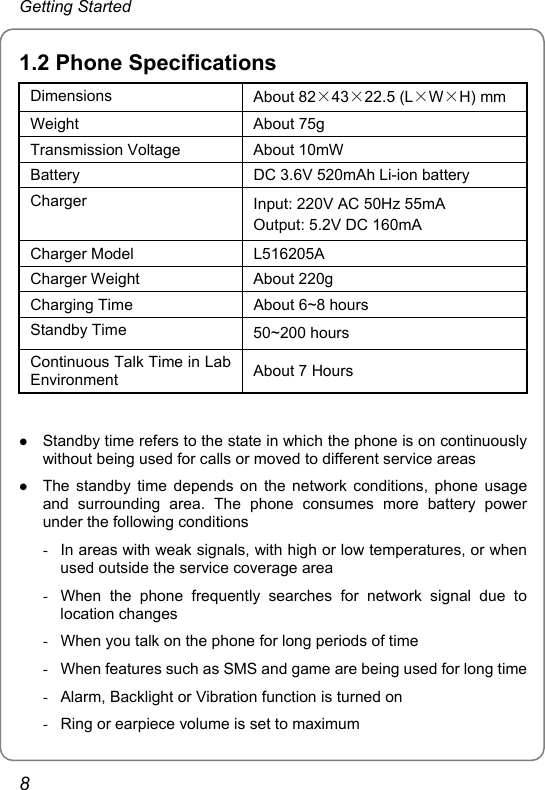 Getting Started 1.2 Phone Specifications Dimensions  About 82×43×22.5 (L×W×H) mm Weight About 75g  Transmission Voltage  About 10mW   Battery  DC 3.6V 520mAh Li-ion battery   Charger  Input: 220V AC 50Hz 55mA   Output: 5.2V DC 160mA   Charger Model  L516205A Charger Weight  About 220g Charging Time  About 6~8 hours Standby Time  50~200 hours Continuous Talk Time in Lab Environment   About 7 Hours  z Standby time refers to the state in which the phone is on continuously without being used for calls or moved to different service areas z The standby time depends on the network conditions, phone usage and surrounding area. The phone consumes more battery power under the following conditions -  In areas with weak signals, with high or low temperatures, or when used outside the service coverage area   -  When the phone frequently searches for network signal due to location changes -  When you talk on the phone for long periods of time -  When features such as SMS and game are being used for long time -  Alarm, Backlight or Vibration function is turned on -  Ring or earpiece volume is set to maximum 8 