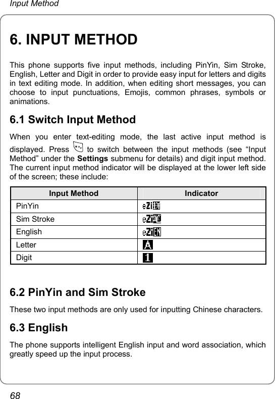 Input Method 6. INPUT METHOD This phone supports five input methods, including PinYin, Sim Stroke, English, Letter and Digit in order to provide easy input for letters and digits in text editing mode. In addition, when editing short messages, you can choose to input punctuations, Emojis, common phrases, symbols or animations. 6.1 Switch Input Method When you enter text-editing mode, the last active input method is displayed. Press   to switch between the input methods (see “Input Method” under the Settings submenu for details) and digit input method. The current input method indicator will be displayed at the lower left side of the screen; these include: Input Method  Indicator            PinYin                          Sim Stroke                            English                     Letter                 Digit                               6.2 PinYin and Sim Stroke These two input methods are only used for inputting Chinese characters.   6.3 English The phone supports intelligent English input and word association, which greatly speed up the input process. 68 