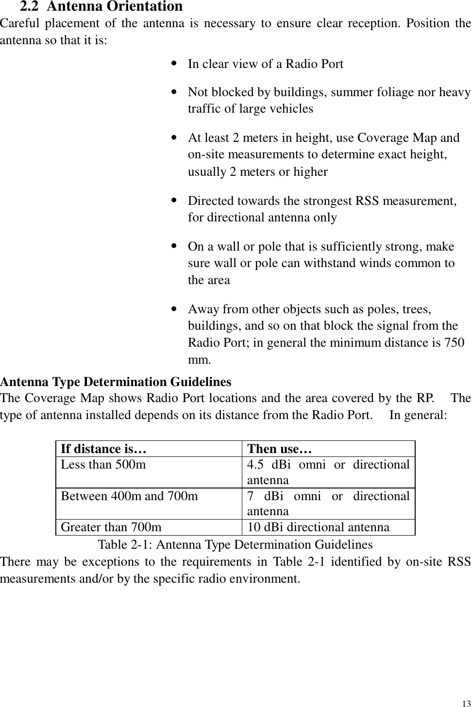   13 2.2 Antenna Orientation Careful placement of the antenna is necessary to ensure clear reception. Position the antenna so that it is: •  In clear view of a Radio Port •  Not blocked by buildings, summer foliage nor heavy traffic of large vehicles •  At least 2 meters in height, use Coverage Map and on-site measurements to determine exact height, usually 2 meters or higher •  Directed towards the strongest RSS measurement, for directional antenna only •  On a wall or pole that is sufficiently strong, make sure wall or pole can withstand winds common to the area •  Away from other objects such as poles, trees, buildings, and so on that block the signal from the Radio Port; in general the minimum distance is 750 mm. Antenna Type Determination Guidelines The Coverage Map shows Radio Port locations and the area covered by the RP.    The type of antenna installed depends on its distance from the Radio Port.    In general:  If distance is…  Then use… Less than 500m  4.5 dBi omni or directional antenna Between 400m and 700m  7 dBi omni or directional antenna Greater than 700m  10 dBi directional antenna Table 2-1: Antenna Type Determination Guidelines There may be exceptions to the requirements in Table 2-1 identified by on-site RSS measurements and/or by the specific radio environment.       