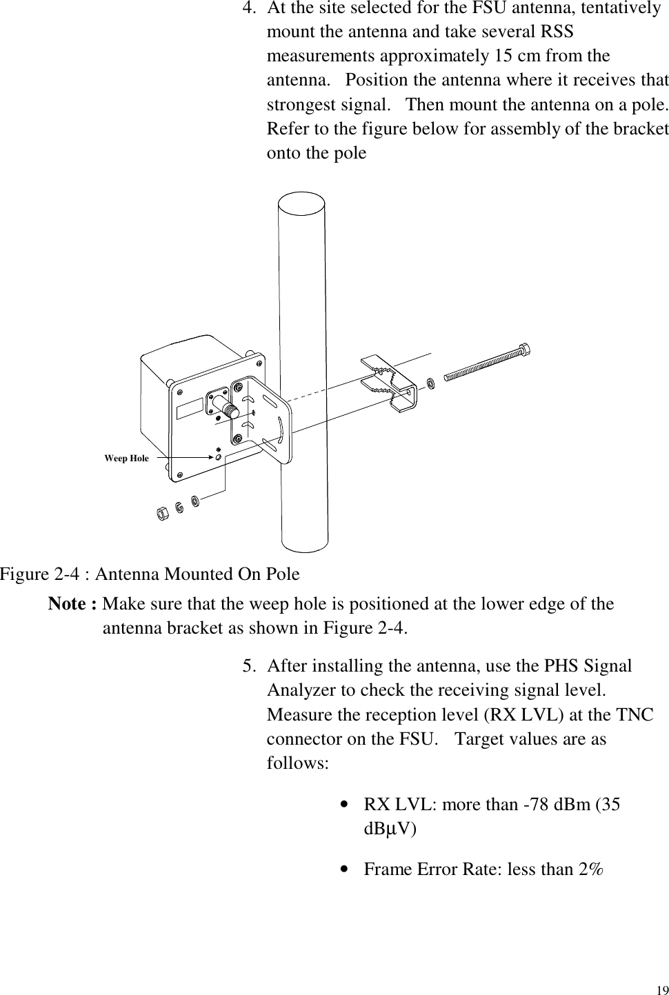   19 4.  At the site selected for the FSU antenna, tentatively mount the antenna and take several RSS measurements approximately 15 cm from the antenna.  Position the antenna where it receives that strongest signal.  Then mount the antenna on a pole.   Refer to the figure below for assembly of the bracket onto the pole Weep Hole Figure 2-4 : Antenna Mounted On Pole Note : Make sure that the weep hole is positioned at the lower edge of the antenna bracket as shown in Figure 2-4. 5.  After installing the antenna, use the PHS Signal Analyzer to check the receiving signal level.  Measure the reception level (RX LVL) at the TNC connector on the FSU.    Target values are as follows: •  RX LVL: more than -78 dBm (35 dBµV) •  Frame Error Rate: less than 2% 