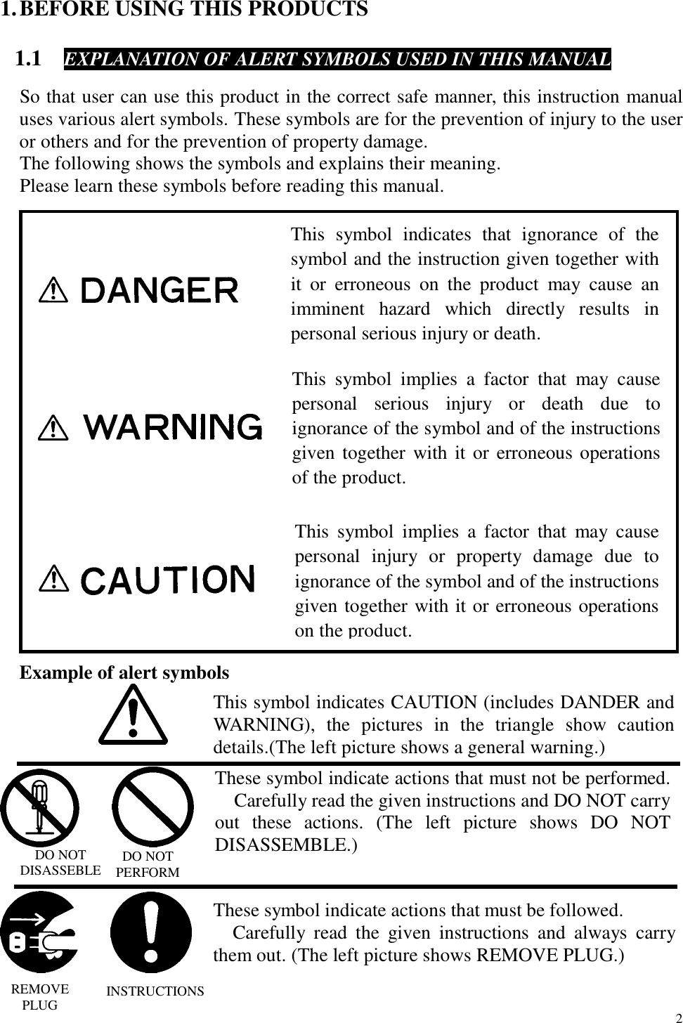  2 1. BEFORE USING THIS PRODUCTS  1.1  EXPLANATION OF ALERT SYMBOLS USED IN THIS MANUAL  So that user can use this product in the correct safe manner, this instruction manual uses various alert symbols. These symbols are for the prevention of injury to the user or others and for the prevention of property damage. The following shows the symbols and explains their meaning. Please learn these symbols before reading this manual.                       Example of alert symbols                                    This symbol indicates that ignorance of thesymbol and the instruction given together withit or erroneous on the product may cause animminent hazard which directly results inpersonal serious injury or death. This symbol implies a factor that may cause personal serious injury or death due to ignorance of the symbol and of the instructions given together with it or erroneous operations of the product. This symbol implies a factor that may causepersonal injury or property damage due toignorance of the symbol and of the instructionsgiven together with it or erroneous operationson the product. This symbol indicates CAUTION (includes DANDER and WARNING), the pictures in the triangle show caution details.(The left picture shows a general warning.) These symbol indicate actions that must not be performed.  Carefully read the given instructions and DO NOT carry out these actions. (The left picture shows DO NOTDISASSEMBLE.) These symbol indicate actions that must be followed.  Carefully read the given instructions and always carry them out. (The left picture shows REMOVE PLUG.) DO NOT DISASSEBLE  DO NOT PERFORM REMOVE PLUG  INSTRUCTIONS 