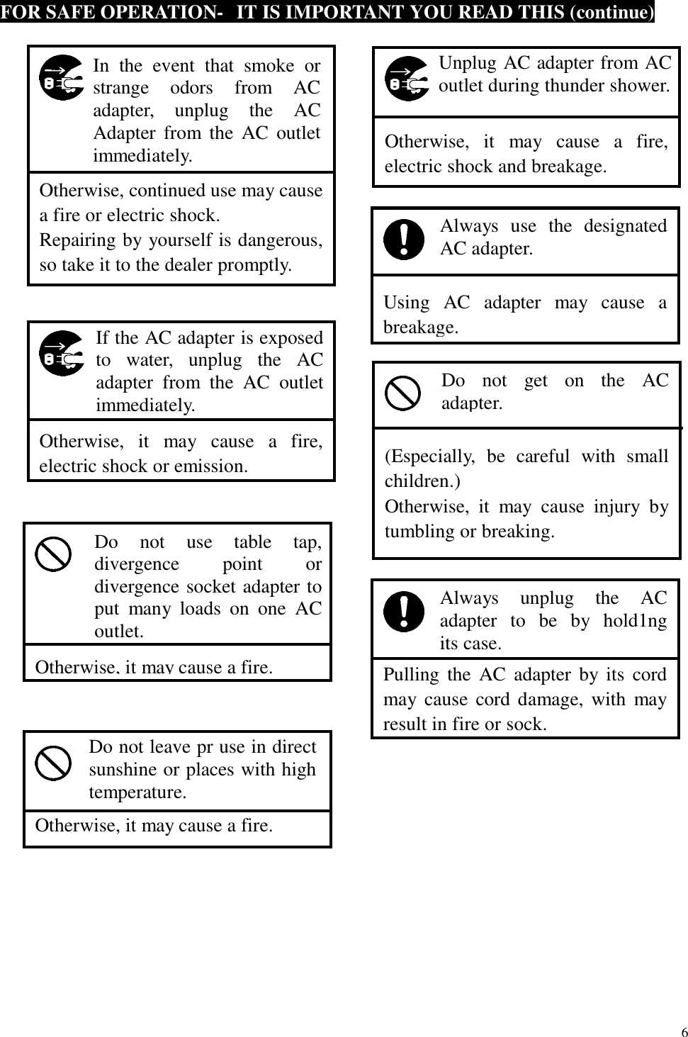  6 FOR SAFE OPERATION-  IT IS IMPORTANT YOU READ THIS (continue)                                                           Otherwise, it may cause a fire. Do not leave pr use in directsunshine or places with hightemperature.   Pulling the AC adapter by its cordmay cause cord damage, with mayresult in fire or sock. Always unplug the AC adapter to be by hold1ng its case.     Otherwise, continued use may cause a fire or electric shock. Repairing by yourself is dangerous, so take it to the dealer promptly. In the event that smoke orstrange odors from ACadapter, unplug the ACAdapter from the AC outletimmediately.   Otherwise, it may cause a fire, electric shock and breakage. Unplug AC adapter from AC outlet during thunder shower.   Using AC adapter may cause abreakage. Always use the designated AC adapter.    Otherwise, it may cause a fire, electric shock or emission. If the AC adapter is exposedto water, unplug the ACadapter from the AC outletimmediately.    (Especially, be careful with smallchildren.) Otherwise, it may cause injury bytumbling or breaking. Do not get on the ACadapter.     Otherwise, it may cause a fire. Do not use table tap, divergence point or divergence socket adapter to put many loads on one AC outlet. 