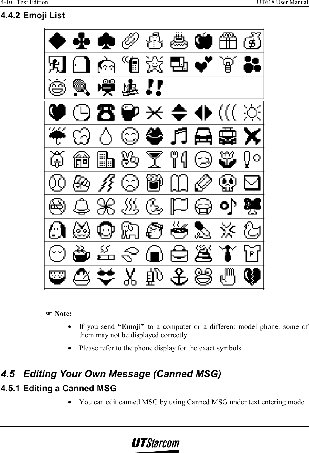 4-10   Text Edition    UT618 User Manual   4.4.2 Emoji List   )))) Note: •  If you send “Emoji” to a computer or a different model phone, some of them may not be displayed correctly. •  Please refer to the phone display for the exact symbols.  4.5  Editing Your Own Message (Canned MSG) 4.5.1 Editing a Canned MSG •  You can edit canned MSG by using Canned MSG under text entering mode. 