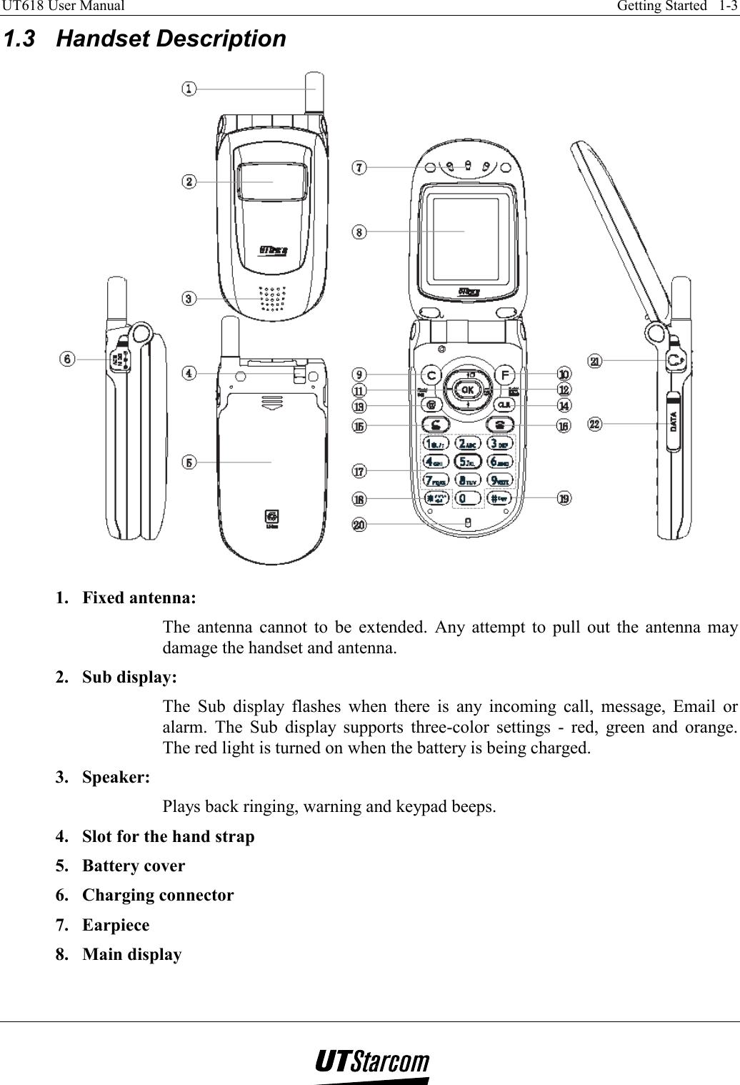 UT618 User Manual    Getting Started   1-3   1.3 Handset Description  1. Fixed antenna: The antenna cannot to be extended. Any attempt to pull out the antenna may damage the handset and antenna. 2. Sub display: The Sub display flashes when there is any incoming call, message, Email or alarm. The Sub display supports three-color settings - red, green and orange. The red light is turned on when the battery is being charged. 3. Speaker: Plays back ringing, warning and keypad beeps. 4.  Slot for the hand strap 5. Battery cover 6. Charging connector 7. Earpiece 8. Main display 