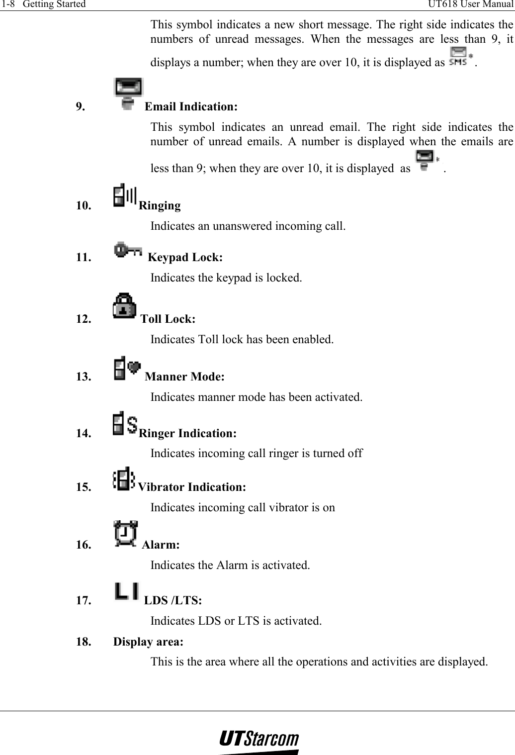 1-8   Getting Started    UT618 User Manual   This symbol indicates a new short message. The right side indicates the numbers of unread messages. When the messages are less than 9, it displays a number; when they are over 10, it is displayed as  . 9.  Email Indication: This symbol indicates an unread email. The right side indicates the number of unread emails. A number is displayed when the emails are less than 9; when they are over 10, it is displayed  as  . 10.  Ringing Indicates an unanswered incoming call. 11.   Keypad Lock: Indicates the keypad is locked.  12.   Toll Lock: Indicates Toll lock has been enabled. 13.   Manner Mode: Indicates manner mode has been activated. 14.  Ringer Indication: Indicates incoming call ringer is turned off 15.  Vibrator Indication: Indicates incoming call vibrator is on 16.   Alarm: Indicates the Alarm is activated. 17.   LDS /LTS: Indicates LDS or LTS is activated. 18.  Display area:  This is the area where all the operations and activities are displayed.  