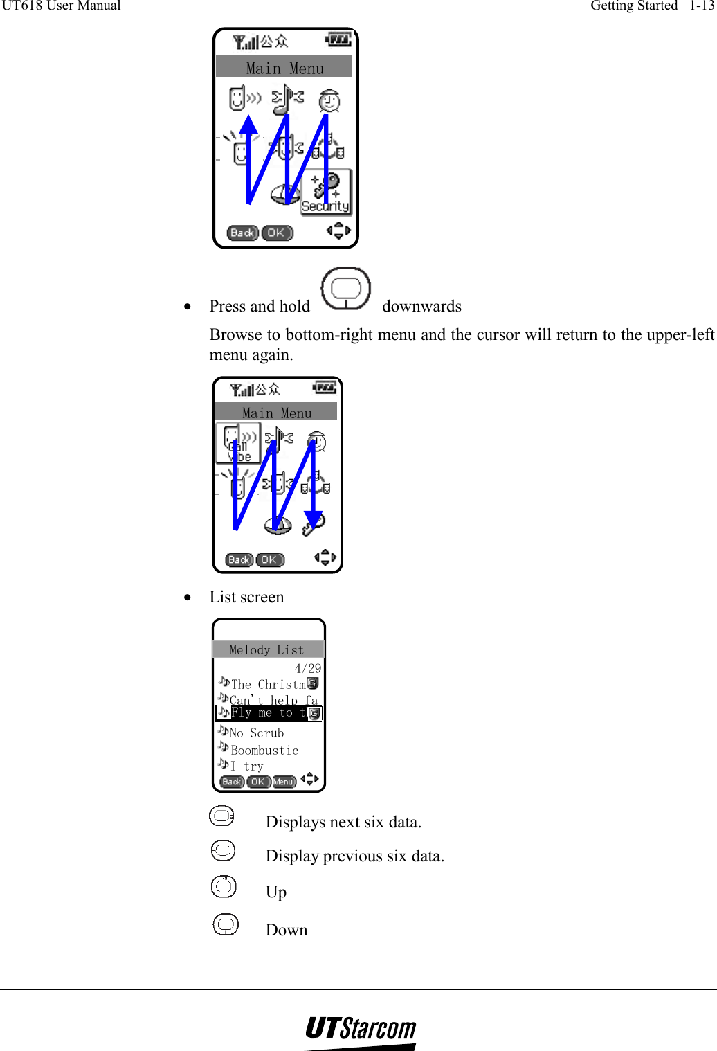 UT618 User Manual    Getting Started   1-13   Main Menu •  Press and hold   downwards Browse to bottom-right menu and the cursor will return to the upper-left menu again. Main Menu •  List screen The ChristmNo ScrubBoombustic4/29Can&apos;t help faI tryFly me to theMelody List    Displays next six data.    Display previous six data.   Up   Down  