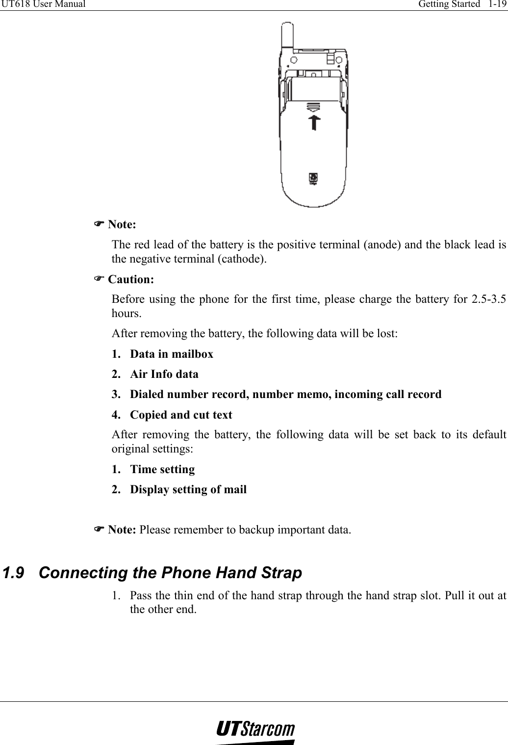 UT618 User Manual    Getting Started   1-19    )))) Note: The red lead of the battery is the positive terminal (anode) and the black lead is the negative terminal (cathode). )))) Caution: Before using the phone for the first time, please charge the battery for 2.5-3.5 hours. After removing the battery, the following data will be lost: 1.  Data in mailbox 2.  Air Info data 3.  Dialed number record, number memo, incoming call record 4.  Copied and cut text After removing the battery, the following data will be set back to its default original settings: 1. Time setting 2.  Display setting of mail  )))) Note: Please remember to backup important data.  1.9  Connecting the Phone Hand Strap 1.  Pass the thin end of the hand strap through the hand strap slot. Pull it out at the other end. 