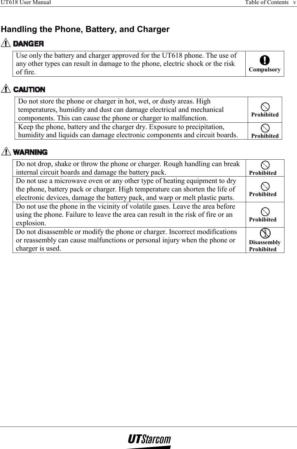 UT618 User Manual      Table of Contents   v    Handling the Phone, Battery, and Charger  Use only the battery and charger approved for the UT618 phone. The use of any other types can result in damage to the phone, electric shock or the risk of fire.  Compulsory   Do not store the phone or charger in hot, wet, or dusty areas. High temperatures, humidity and dust can damage electrical and mechanical components. This can cause the phone or charger to malfunction.  Prohibited Keep the phone, battery and the charger dry. Exposure to precipitation, humidity and liquids can damage electronic components and circuit boards.   Prohibited   Do not drop, shake or throw the phone or charger. Rough handling can break internal circuit boards and damage the battery pack.   Prohibited Do not use a microwave oven or any other type of heating equipment to dry the phone, battery pack or charger. High temperature can shorten the life of electronic devices, damage the battery pack, and warp or melt plastic parts.  Prohibited Do not use the phone in the vicinity of volatile gases. Leave the area before using the phone. Failure to leave the area can result in the risk of fire or an explosion.  Prohibited Do not disassemble or modify the phone or charger. Incorrect modifications or reassembly can cause malfunctions or personal injury when the phone or charger is used.  Disassembly Prohibited  