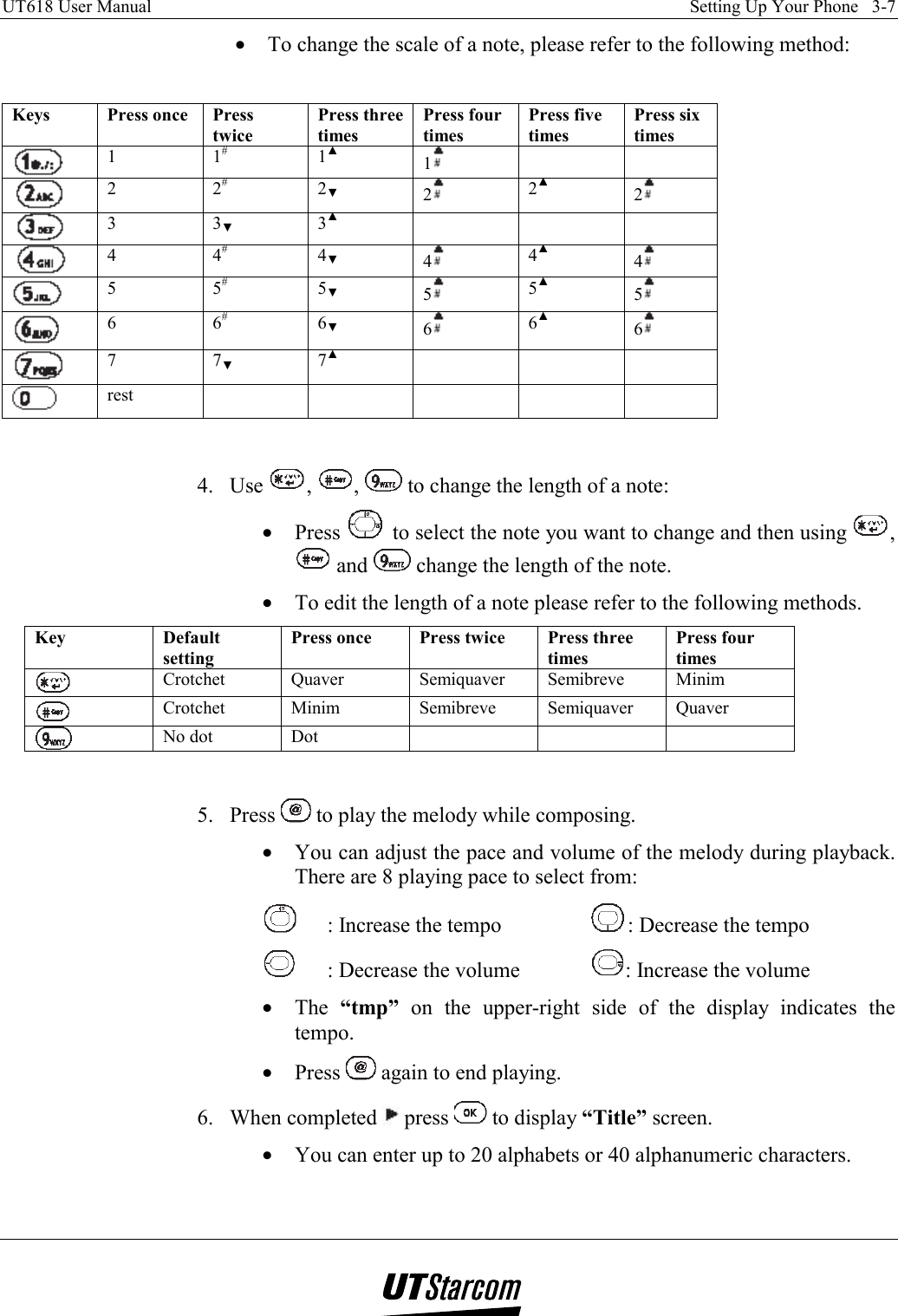 UT618 User Manual    Setting Up Your Phone   3-7   •  To change the scale of a note, please refer to the following method:  Keys Press once Press twice Press three times Press four times Press five times Press six times  1 1#  1▲ 1    2 2#  2▼ 2 2▲ 2  3 3▼ 3▲       4 4#  4▼ 4 4▲ 4  5 5# 5▼ 5 5▲ 5  6 6#  6▼ 6 6▲ 6  7 7▼ 7▲       rest       4. Use  ,  ,   to change the length of a note: •  Press   to select the note you want to change and then using  ,  and   change the length of the note. •  To edit the length of a note please refer to the following methods. Key Default setting Press once  Press twice  Press three times Press four times  Crotchet Quaver  Semiquaver Semibreve Minim  Crotchet Minim  Semibreve Semiquaver Quaver  No dot Dot      5. Press   to play the melody while composing. •  You can adjust the pace and volume of the melody during playback. There are 8 playing pace to select from:   : Increase the tempo     : Decrease the tempo   : Decrease the volume          : Increase the volume •  The  “tmp”  on the upper-right side of the display indicates the tempo. •  Press   again to end playing. 6. When completed   press   to display “Title” screen. •  You can enter up to 20 alphabets or 40 alphanumeric characters. 