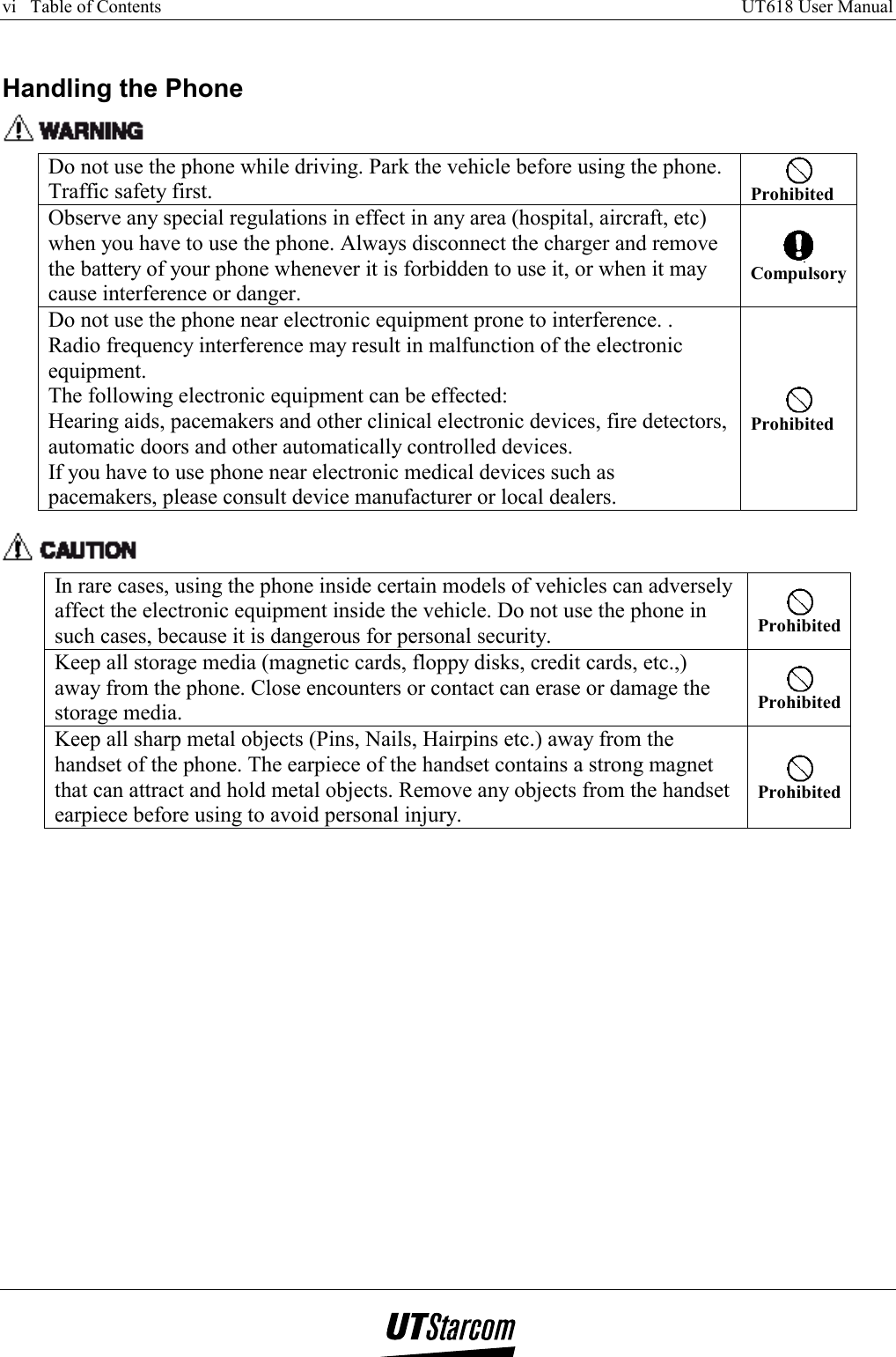 vi   Table of Contents     UT618 User Manual      Handling the Phone  Do not use the phone while driving. Park the vehicle before using the phone. Traffic safety first.   Prohibited Observe any special regulations in effect in any area (hospital, aircraft, etc) when you have to use the phone. Always disconnect the charger and remove the battery of your phone whenever it is forbidden to use it, or when it may cause interference or danger.  Compulsory Do not use the phone near electronic equipment prone to interference. . Radio frequency interference may result in malfunction of the electronic equipment. The following electronic equipment can be effected: Hearing aids, pacemakers and other clinical electronic devices, fire detectors, automatic doors and other automatically controlled devices. If you have to use phone near electronic medical devices such as pacemakers, please consult device manufacturer or local dealers.  Prohibited   In rare cases, using the phone inside certain models of vehicles can adversely affect the electronic equipment inside the vehicle. Do not use the phone in such cases, because it is dangerous for personal security.  Prohibited Keep all storage media (magnetic cards, floppy disks, credit cards, etc.,) away from the phone. Close encounters or contact can erase or damage the storage media.  Prohibited Keep all sharp metal objects (Pins, Nails, Hairpins etc.) away from the handset of the phone. The earpiece of the handset contains a strong magnet that can attract and hold metal objects. Remove any objects from the handset earpiece before using to avoid personal injury.  Prohibited  