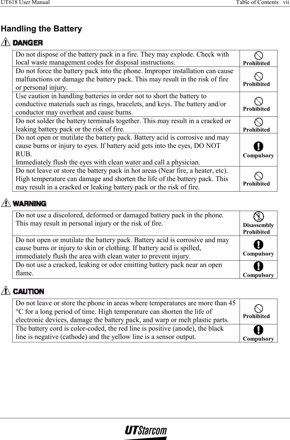 UT618 User Manual      Table of Contents   vii    Handling the Battery  Do not dispose of the battery pack in a fire. They may explode. Check with local waste management codes for disposal instructions.   Prohibited Do not force the battery pack into the phone. Improper installation can cause malfunctions or damage the battery pack. This may result in the risk of fire or personal injury.  Prohibited Use caution in handling batteries in order not to short the battery to conductive materials such as rings, bracelets, and keys. The battery and/or conductor may overheat and cause burns.  Prohibited Do not solder the battery terminals together. This may result in a cracked or leaking battery pack or the risk of fire.   Prohibited Do not open or mutilate the battery pack. Battery acid is corrosive and may cause burns or injury to eyes. If battery acid gets into the eyes, DO NOT RUB. Immediately flush the eyes with clean water and call a physician.  Compulsory Do not leave or store the battery pack in hot areas (Near fire, a heater, etc). High temperature can damage and shorten the life of the battery pack. This may result in a cracked or leaking battery pack or the risk of fire.  Prohibited   Do not use a discolored, deformed or damaged battery pack in the phone. This may result in personal injury or the risk of fire.   Disassembly Prohibited Do not open or mutilate the battery pack. Battery acid is corrosive and may cause burns or injury to skin or clothing. If battery acid is spilled, immediately flush the area with clean water to prevent injury.  Compulsory Do not use a cracked, leaking or odor emitting battery pack near an open flame.    Compulsory   Do not leave or store the phone in areas where temperatures are more than 45 °C for a long period of time. High temperature can shorten the life of electronic devices, damage the battery pack, and warp or melt plastic parts.  Prohibited The battery cord is color-coded, the red line is positive (anode), the black line is negative (cathode) and the yellow line is a sensor output.   Compulsory  