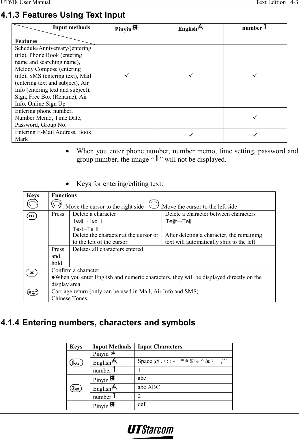 UT618 User Manual    Text Edition   4-3   4.1.3 Features Using Text Input                          Input methods            Features             Pinyin  English  number  Schedule/Anniversary/(entering title), Phone Book (entering name and searching name), Melody Compose (entering title), SMS (entering text), Mail (entering text and subject), Air Info (entering text and subject), Sign, Free Box (Rename), Air Info, Online Sign Up 9 9 9 Entering phone number, Number Memo, Time Date, Password, Group No.   9 Entering E-Mail Address, Book Mark  9 9 •  When you enter phone number, number memo, time setting, password and group number, the image “ ” will not be displayed.  •  Keys for entering/editing text: Keys Functions  : Move the cursor to the right side    :Move the cursor to the left side  Press   Delete a character  Delete the character at the cursor or to the left of the cursor Delete a character between characters  After deleting a character, the remaining text will automatically shift to the left  Press and hold Deletes all characters entered  Confirm a character. ●When you enter English and numeric characters, they will be displayed directly on the display area.  Carriage return (only can be used in Mail, Air Info and SMS) Chinese Tones.  4.1.4 Entering numbers, characters and symbols  Keys  Input Methods  Input Characters Pinyin    English  Space @ . / : ;~ _ * # $ % ^ &amp; \ | ‘ ,” “    number  1 Pinyin  abc English  abc ABC    number  2  Pinyin  def 