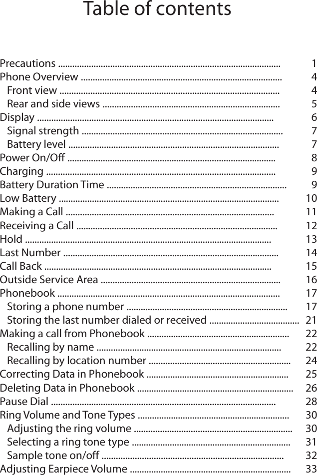 Precautions ..............................................................................................  1Phone Overview ..................................................................................... 4  Front view ............................................................................................. 4  Rear and side views ...........................................................................  5Display .................................................................................................... 6  Signal strength ..................................................................................... 7  Battery level ......................................................................................... 7Power On/Off ........................................................................................ 8Charging ................................................................................................. 9Battery Duration Time ............................................................................  9Low Battery ............................................................................................. 10Making a Call ........................................................................................ 11Receiving a Call ..................................................................................... 12Hold ........................................................................................................ 13Last Number ........................................................................................... 14Call Back ................................................................................................ 15Outside Service Area ............................................................................ 16Phonebook .............................................................................................. 17  Storing a phone number .................................................................... 17  Storing the last number dialed or received ......................................  21Making a call from Phonebook ............................................................ 22  Recalling by name .............................................................................. 22  Recalling by location number ............................................................ 24Correcting Data in Phonebook ............................................................ 25Deleting Data in Phonebook .................................................................. 26Pause Dial ............................................................................................... 28Ring Volume and Tone Types ................................................................ 30  Adjusting the ring volume ................................................................... 30  Selecting a ring tone type ................................................................... 31  Sample tone on/off ............................................................................. 32Adjusting Earpiece Volume .................................................................... 33Table of contents