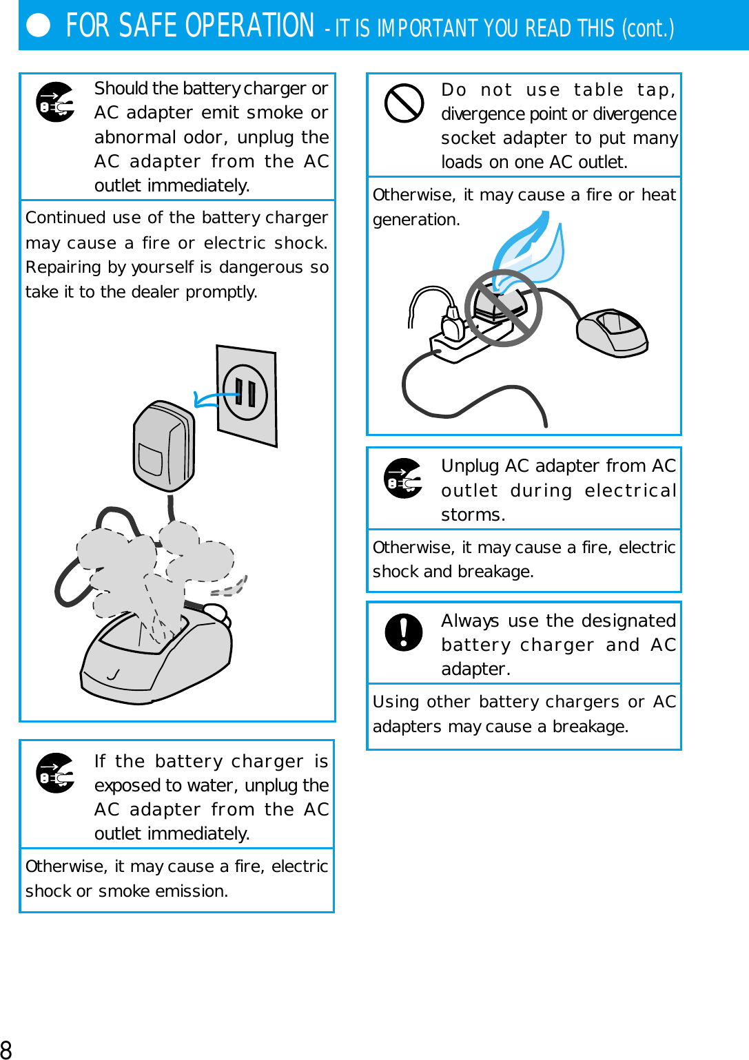 8●FOR SAFE OPERATION - IT IS IMPORTANT YOU READ THIS (cont.)Should the battery charger orAC adapter emit smoke orabnormal odor, unplug theAC adapter from the ACoutlet immediately.Continued use of the battery chargermay cause a fire or electric shock.Repairing by yourself is dangerous sotake it to the dealer promptly.If the battery charger isexposed to water, unplug theAC adapter from the ACoutlet immediately.Otherwise, it may cause a fire, electricshock or smoke emission.Do not use table tap,divergence point or divergencesocket adapter to put manyloads on one AC outlet.Otherwise, it may cause a fire or heatgeneration.   Unplug AC adapter from ACoutlet during electricalstorms.Otherwise, it may cause a fire, electricshock and breakage.Always use the designatedbattery charger and ACadapter.Using other battery chargers or ACadapters may cause a breakage.