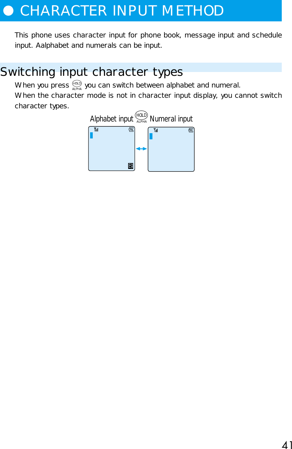 41●CHARACTER INPUT METHODThis phone uses character input for phone book, message input and scheduleinput. Aalphabet and numerals can be input.Switching input character typesWhen you press   you can switch between alphabet and numeral.When the character mode is not in character input display, you cannot switchcharacter types.Alphabet input Numeral inputALPHAHOLDEg