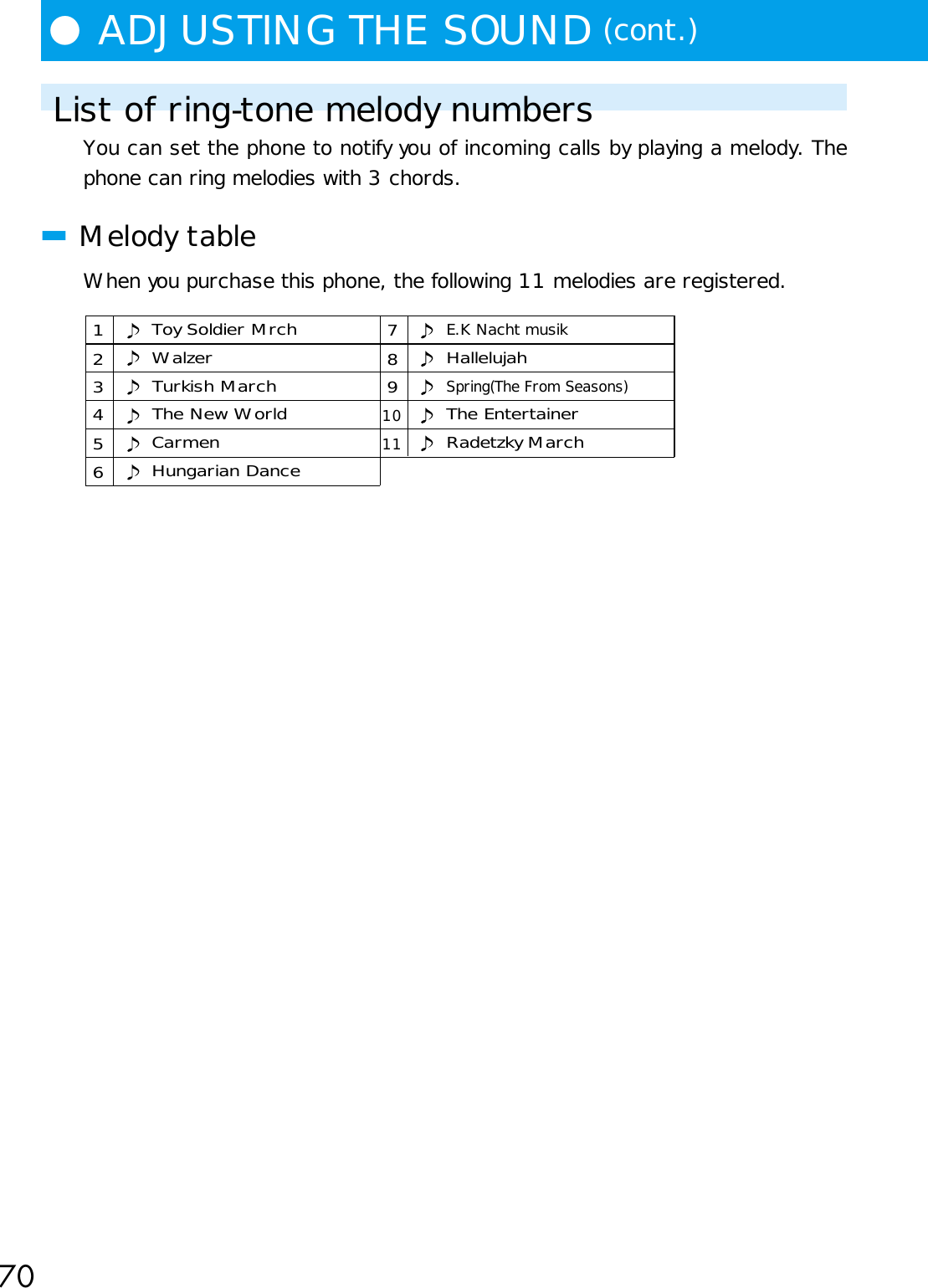 70●ADJUSTING THE SOUND (cont.) List of ring-tone melody numbersYou can set the phone to notify you of incoming calls by playing a melody. Thephone can ring melodies with 3 chords.■Melody tableWhen you purchase this phone, the following 11 melodies are registered.WalzerTurkish MarchThe New WorldCarmenE.K Nacht musikHallelujahSpring(The From Seasons)The EntertainerRadetzky MarchToy Soldier MrchHungarian Dance1234567891110