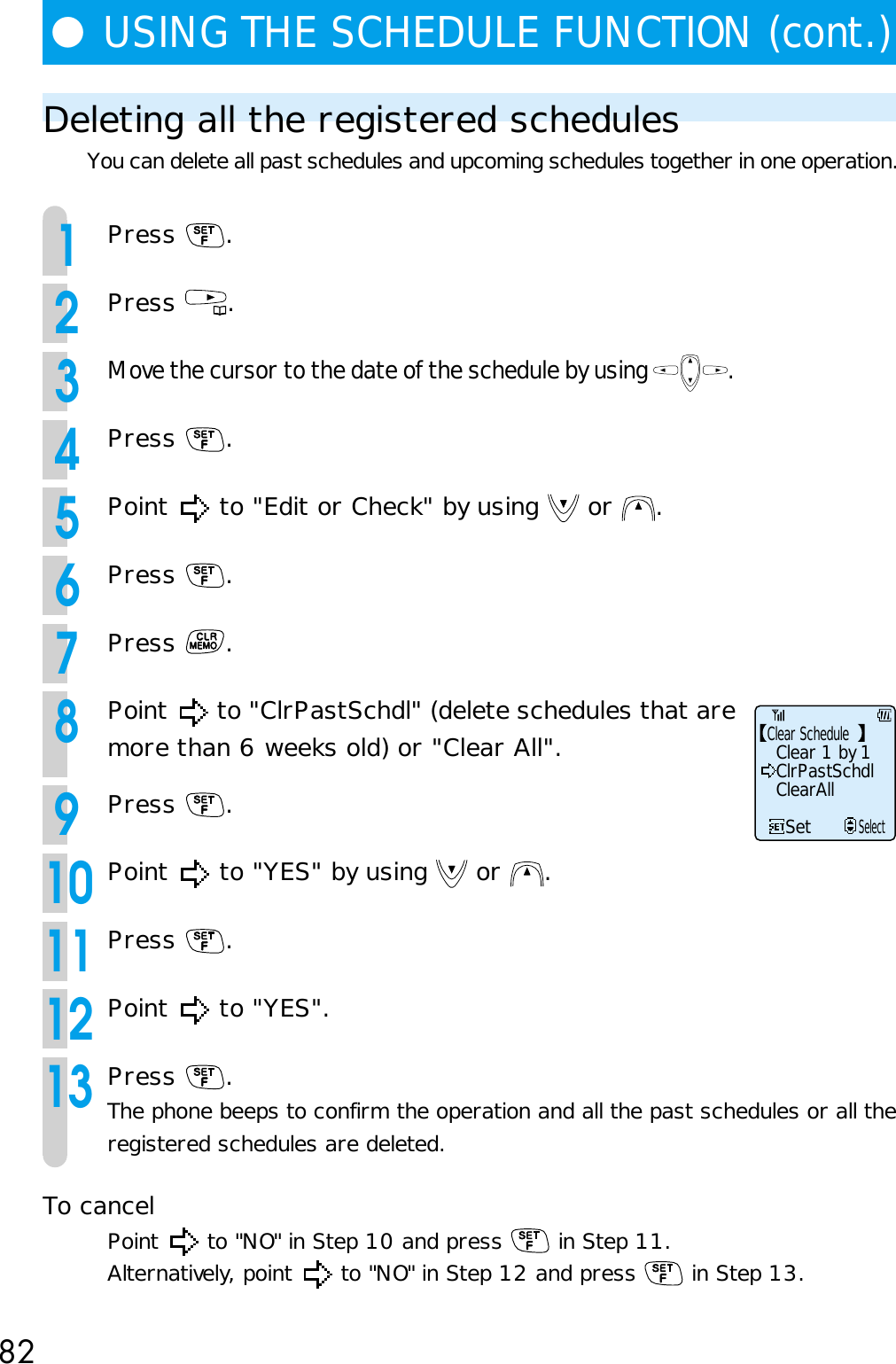 82Deleting all the registered schedulesYou can delete all past schedules and upcoming schedules together in one operation.1Press  .2Press  . 3Move the cursor to the date of the schedule by using  . 4Press  . 5Point   to &quot;Edit or Check&quot; by using   or  . 6Press  .7Press  .8Point   to &quot;ClrPastSchdl&quot; (delete schedules that aremore than 6 weeks old) or &quot;Clear All&quot;.9Press  .10Point   to &quot;YES&quot; by using   or  .11Press  .12Point   to &quot;YES&quot;.13Press  .The phone beeps to confirm the operation and all the past schedules or all theregistered schedules are deleted.To cancelPoint   to &quot;NO&quot; in Step 10 and press   in Step 11.Alternatively, point   to &quot;NO&quot; in Step 12 and press   in Step 13.●USING THE SCHEDULE FUNCTION (cont.)Clear ScheduleClear 1 by 1ClrPastSchdlClearAllSetSelect