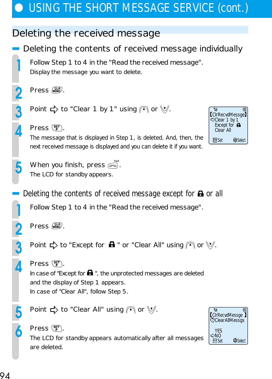 94Deleting the received message■Deleting the contents of received message individually1Follow Step 1 to 4 in the &quot;Read the received message&quot;.Display the message you want to delete.2Press  .3Point   to &quot;Clear 1 by 1&quot; using   or  .4Press  .The message that is displayed in Step 1, is deleted. And, then, thenext received message is displayed and you can delete it if you want.5When you finish, press  .The LCD for standby appears.■Deleting the contents of received message except for   or all1Follow Step 1 to 4 in the &quot;Read the received message&quot;.2Press  .3Point   to &quot;Except for    &quot; or &quot;Clear All&quot; using   or  .4Press  .In case of &quot;Except for   &quot;, the unprotected messages are deletedand the display of Step 1 appears.In case of &quot;Clear All&quot;, follow Step 5.5Point   to &quot;Clear All&quot; using   or  .6Press .The LCD for standby appears automatically after all messagesare deleted.ClrRecvdMessgeClear 1 by 1     SetSelectExcept forClear AllClrRecvdMessgeClearAllMessgs     SetSelectYESNO●USING THE SHORT MESSAGE SERVICE (cont.)