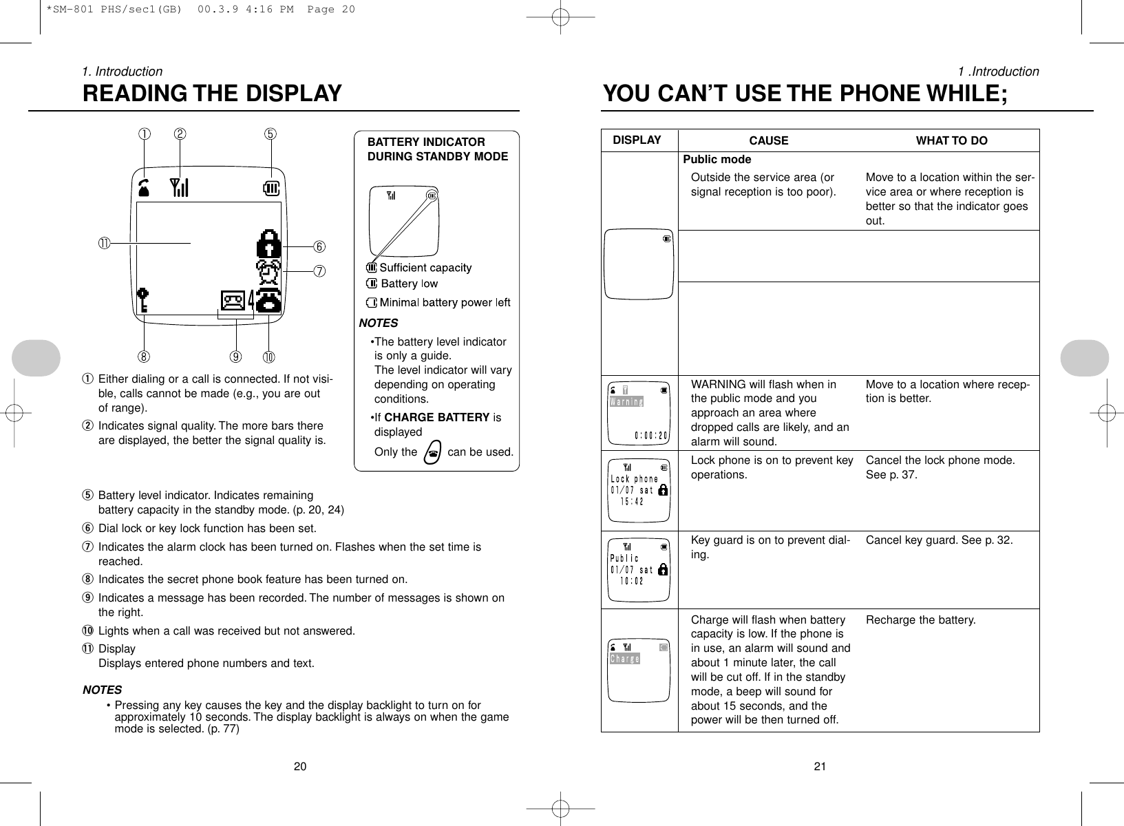 211 .Introduction201. IntroductionWHAT TO DOMove to a location within the ser-vice area or where reception isbetter so that the indicator goesout.Move closer to the base station.Move to a location within the ser-vice area or where reception isbetter so that the indicator goesout. Move closer to the base sta-tion.Move to a location where recep-tion is better.Cancel the lock phone mode.See p. 37.Cancel key guard. See p. 32.Recharge the battery.CAUSEPublic modeOutside the service area (orsignal reception is too poor).Home modeSignals not received from thebase station.Home/public modeOutside the service area (orsignal reception is too poor), orsignals not received from thebase station.WARNING will flash when inthe public mode and youapproach an area wheredropped calls are likely, and analarm will sound.Lock phone is on to prevent keyoperations.Key guard is on to prevent dial-ing.Charge will flash when batterycapacity is low. If the phone isin use, an alarm will sound andabout 1 minute later, the callwill be cut off. If in the standbymode, a beep will sound forabout 15 seconds, and thepower will be then turned off.YOU CAN’T USE THE PHONE WHILE;DISPLAYqEither dialing or a call is connected. If not visi-ble, calls cannot be made (e.g., you are out of range).wIndicates signal quality. The more bars thereare displayed, the better the signal quality is.eDigital cordless extension phonerTransceiver modetBattery level indicator. Indicates remaining battery capacity in the standby mode. (p. 20, 24)yDial lock or key lock function has been set.uIndicates the alarm clock has been turned on. Flashes when the set time isreached.iIndicates the secret phone book feature has been turned on.oIndicates a message has been recorded. The number of messages is shown onthe right.!0 Lights when a call was received but not answered.!1 Display Displays entered phone numbers and text.NOTES• Pressing any key causes the key and the display backlight to turn on forapproximately 10 seconds. The display backlight is always on when the gamemode is selected. (p. 77)READING THE DISPLAYBATTERY INDICATORDURING STANDBY MODENOTES•The battery level indicatoris only a guide.The level indicator will varydepending on operatingconditions.•If CHARGE BATTERY isdisplayedOnly the wcan be used.*SM-801 PHS/sec1(GB)  00.3.9 4:16 PM  Page 20