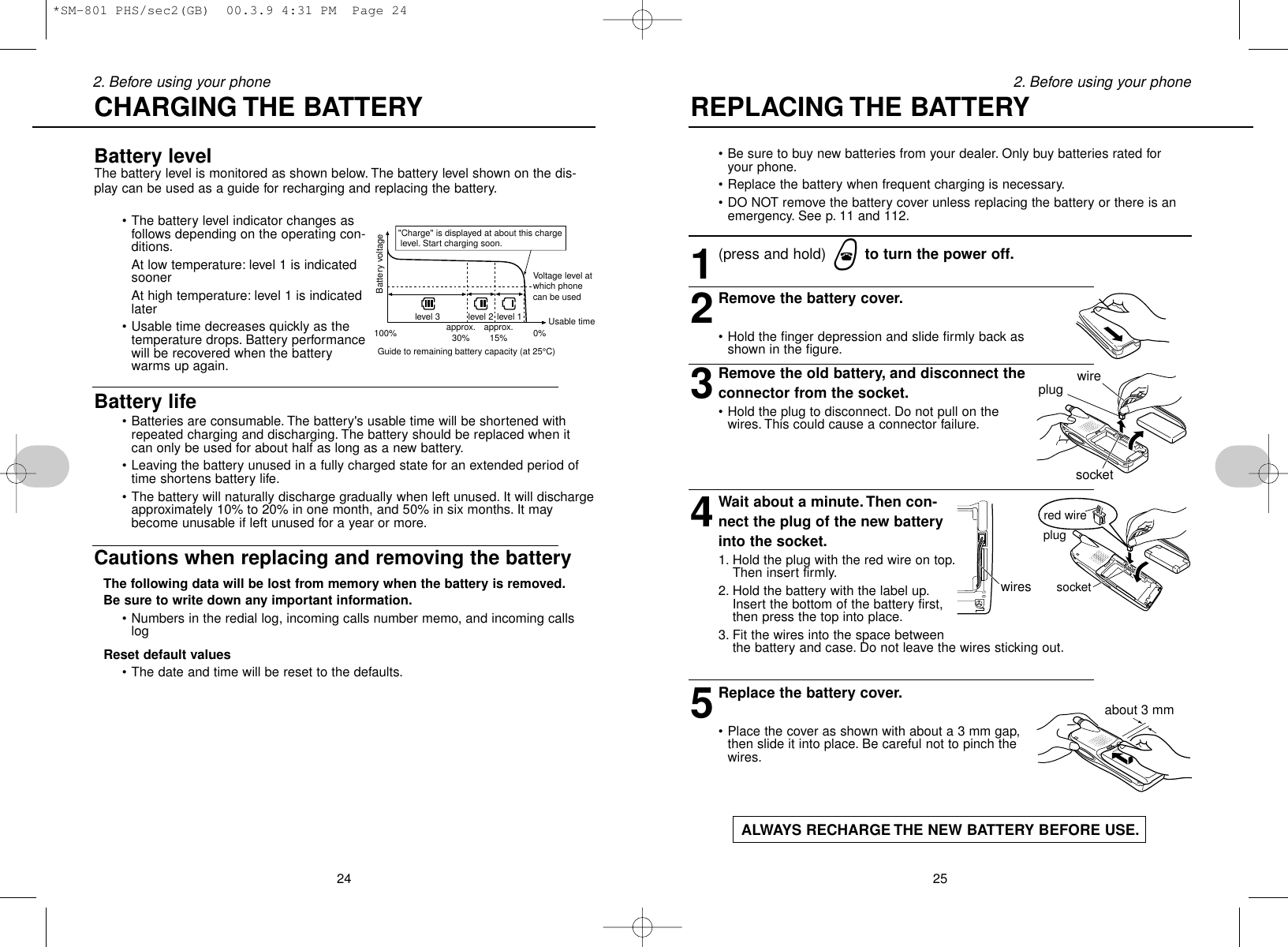 • Be sure to buy new batteries from your dealer. Only buy batteries rated foryour phone.• Replace the battery when frequent charging is necessary.• DO NOT remove the battery cover unless replacing the battery or there is anemergency. See p. 11 and 112.1(press and hold) wto turn the power off.2Remove the battery cover.• Hold the finger depression and slide firmly back asshown in the figure.3Remove the old battery, and disconnect theconnector from the socket.• Hold the plug to disconnect. Do not pull on thewires. This could cause a connector failure.4Wait about a minute. Then con-nect the plug of the new batteryinto the socket.1. Hold the plug with the red wire on top.Then insert firmly.2. Hold the battery with the label up.Insert the bottom of the battery first,then press the top into place.3. Fit the wires into the space betweenthe battery and case. Do not leave the wires sticking out.5Replace the battery cover.• Place the cover as shown with about a 3 mm gap,then slide it into place. Be careful not to pinch thewires.ALWAYS RECHARGE THE NEW BATTERY BEFORE USE.252. Before using your phoneBattery levelThe battery level is monitored as shown below. The battery level shown on the dis-play can be used as a guide for recharging and replacing the battery.• The battery level indicator changes asfollows depending on the operating con-ditions.At low temperature: level 1 is indicatedsoonerAt high temperature: level 1 is indicatedlater• Usable time decreases quickly as thetemperature drops. Battery performancewill be recovered when the batterywarms up again.Battery life• Batteries are consumable. The battery&apos;s usable time will be shortened withrepeated charging and discharging. The battery should be replaced when itcan only be used for about half as long as a new battery.• Leaving the battery unused in a fully charged state for an extended period oftime shortens battery life.• The battery will naturally discharge gradually when left unused. It will dischargeapproximately 10% to 20% in one month, and 50% in six months. It maybecome unusable if left unused for a year or more.Cautions when replacing and removing the batteryThe following data will be lost from memory when the battery is removed.Be sure to write down any important information.• Numbers in the redial log, incoming calls number memo, and incoming callslogReset default values • The date and time will be reset to the defaults.242. Before using your phone REPLACING THE BATTERYCHARGING THE BATTERYGuide to remaining battery capacity (at 25°C)level 3 level 2 level 1approx.30% approx.15% 0%100%Battery voltage&quot;Charge&quot; is displayed at about this charge level. Start charging soon.Voltage level at which phone can be usedUsable timeplug wiresocketred wireplugsocketwiresabout 3 mm*SM-801 PHS/sec2(GB)  00.3.9 4:31 PM  Page 24