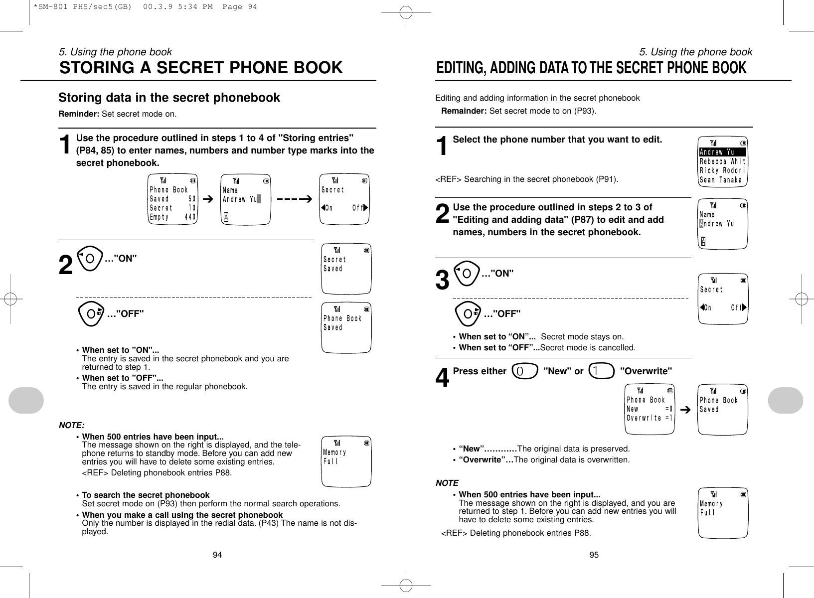 955. Using the phone book945. Using the phone bookSTORING A SECRET PHONE BOOKEditing and adding information in the secret phonebookRemainder: Set secret mode to on (P93).1Select the phone number that you want to edit.&lt;REF&gt; Searching in the secret phonebook (P91).2Use the procedure outlined in steps 2 to 3 of&quot;Editing and adding data&quot; (P87) to edit and addnames, numbers in the secret phonebook.3o…&quot;ON&quot;u…&quot;OFF&quot;• When set to “ON”... Secret mode stays on.• When set to “OFF”...Secret mode is cancelled.4Press either 0&quot;New&quot; or 1&quot;Overwrite&quot;• “New”…………The original data is preserved.• “Overwrite”…The original data is overwritten.NOTE• When 500 entries have been input...The message shown on the right is displayed, and you arereturned to step 1. Before you can add new entries you willhave to delete some existing entries.&lt;REF&gt; Deleting phonebook entries P88.EDITING, ADDING DATA TO THE SECRET PHONE BOOK➔Storing data in the secret phonebookReminder: Set secret mode on.1Use the procedure outlined in steps 1 to 4 of &quot;Storing entries&quot;(P84, 85) to enter names, numbers and number type marks into thesecret phonebook.2o…&quot;ON&quot;u…&quot;OFF&quot;• When set to &quot;ON&quot;...The entry is saved in the secret phonebook and you are returned to step 1.• When set to &quot;OFF&quot;...The entry is saved in the regular phonebook.NOTE:• When 500 entries have been input...The message shown on the right is displayed, and the tele-phone returns to standby mode. Before you can add newentries you will have to delete some existing entries.&lt;REF&gt; Deleting phonebook entries P88.• To search the secret phonebookSet secret mode on (P93) then perform the normal search operations.• When you make a call using the secret phonebookOnly the number is displayed in the redial data. (P43) The name is not dis-played.➔ ➔*SM-801 PHS/sec5(GB)  00.3.9 5:34 PM  Page 94