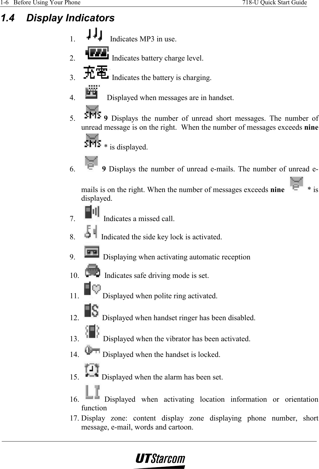 1-6   Before Using Your Phone    718-U Quick Start Guide   1.4   Display Indicators 1.   Indicates MP3 in use. 2.  Indicates battery charge level. 3.   Indicates the battery is charging. 4.    Displayed when messages are in handset.  5.  9  Displays the number of unread short messages. The number of unread message is on the right.  When the number of messages exceeds nine * is displayed. 6.  9 Displays the number of unread e-mails. The number of unread e-mails is on the right. When the number of messages exceeds nine * is displayed. 7.  Indicates a missed call. 8.  Indicated the side key lock is activated. 9.  Displaying when activating automatic reception 10.  Indicates safe driving mode is set. 11.  Displayed when polite ring activated. 12.  Displayed when handset ringer has been disabled. 13.  Displayed when the vibrator has been activated. 14.  Displayed when the handset is locked. 15.  Displayed when the alarm has been set. 16.  Displayed when activating location information or orientation function 17. Display zone: content display zone displaying phone number, short message, e-mail, words and cartoon. 