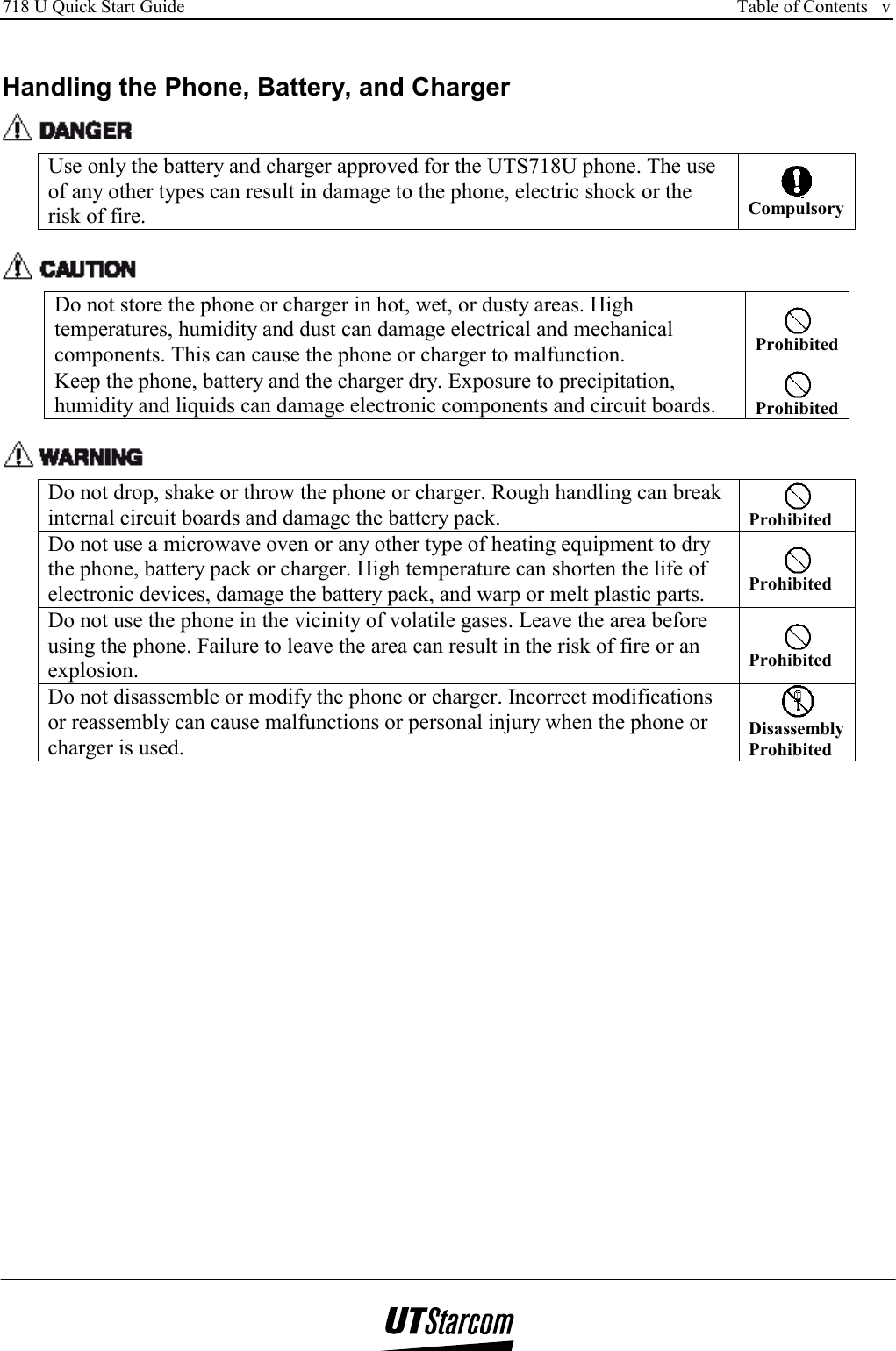 718 U Quick Start Guide      Table of Contents   v    Handling the Phone, Battery, and Charger  Use only the battery and charger approved for the UTS718U phone. The use of any other types can result in damage to the phone, electric shock or the risk of fire.  Compulsory  Do not store the phone or charger in hot, wet, or dusty areas. High temperatures, humidity and dust can damage electrical and mechanical components. This can cause the phone or charger to malfunction.  ProhibitedKeep the phone, battery and the charger dry. Exposure to precipitation, humidity and liquids can damage electronic components and circuit boards.   Prohibited  Do not drop, shake or throw the phone or charger. Rough handling can break internal circuit boards and damage the battery pack.   Prohibited Do not use a microwave oven or any other type of heating equipment to dry the phone, battery pack or charger. High temperature can shorten the life of electronic devices, damage the battery pack, and warp or melt plastic parts.  Prohibited Do not use the phone in the vicinity of volatile gases. Leave the area before using the phone. Failure to leave the area can result in the risk of fire or an explosion.  Prohibited Do not disassemble or modify the phone or charger. Incorrect modifications or reassembly can cause malfunctions or personal injury when the phone or charger is used.  Disassembly Prohibited  