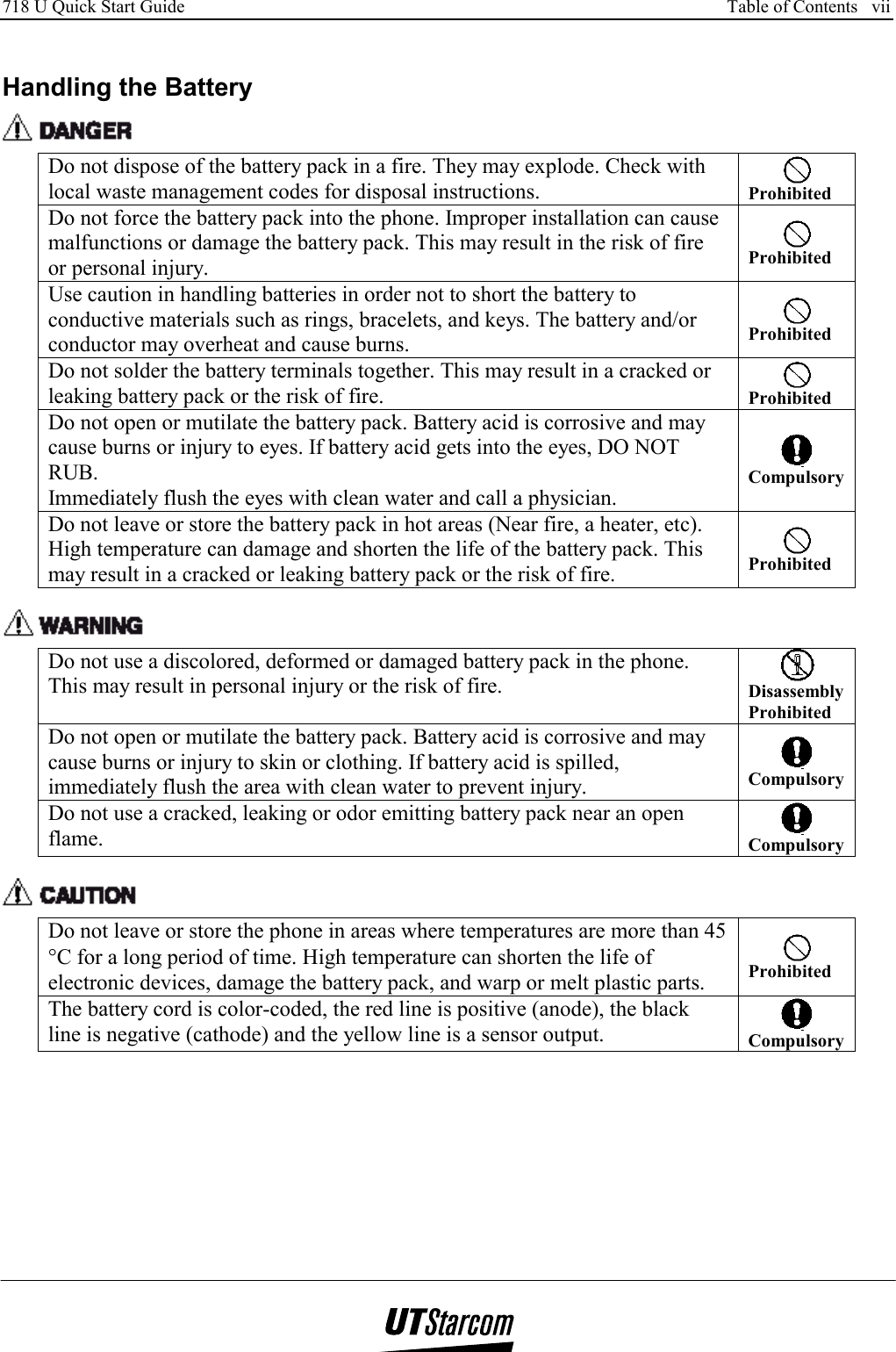 718 U Quick Start Guide      Table of Contents   vii    Handling the Battery  Do not dispose of the battery pack in a fire. They may explode. Check with local waste management codes for disposal instructions.   Prohibited Do not force the battery pack into the phone. Improper installation can cause malfunctions or damage the battery pack. This may result in the risk of fire or personal injury.  Prohibited Use caution in handling batteries in order not to short the battery to conductive materials such as rings, bracelets, and keys. The battery and/or conductor may overheat and cause burns.  Prohibited Do not solder the battery terminals together. This may result in a cracked or leaking battery pack or the risk of fire.   Prohibited Do not open or mutilate the battery pack. Battery acid is corrosive and may cause burns or injury to eyes. If battery acid gets into the eyes, DO NOT RUB. Immediately flush the eyes with clean water and call a physician.  CompulsoryDo not leave or store the battery pack in hot areas (Near fire, a heater, etc). High temperature can damage and shorten the life of the battery pack. This may result in a cracked or leaking battery pack or the risk of fire.  Prohibited   Do not use a discolored, deformed or damaged battery pack in the phone. This may result in personal injury or the risk of fire.   Disassembly Prohibited Do not open or mutilate the battery pack. Battery acid is corrosive and may cause burns or injury to skin or clothing. If battery acid is spilled, immediately flush the area with clean water to prevent injury.  Compulsory Do not use a cracked, leaking or odor emitting battery pack near an open flame.    Compulsory   Do not leave or store the phone in areas where temperatures are more than 45 °C for a long period of time. High temperature can shorten the life of electronic devices, damage the battery pack, and warp or melt plastic parts.  Prohibited The battery cord is color-coded, the red line is positive (anode), the black line is negative (cathode) and the yellow line is a sensor output.   Compulsory 