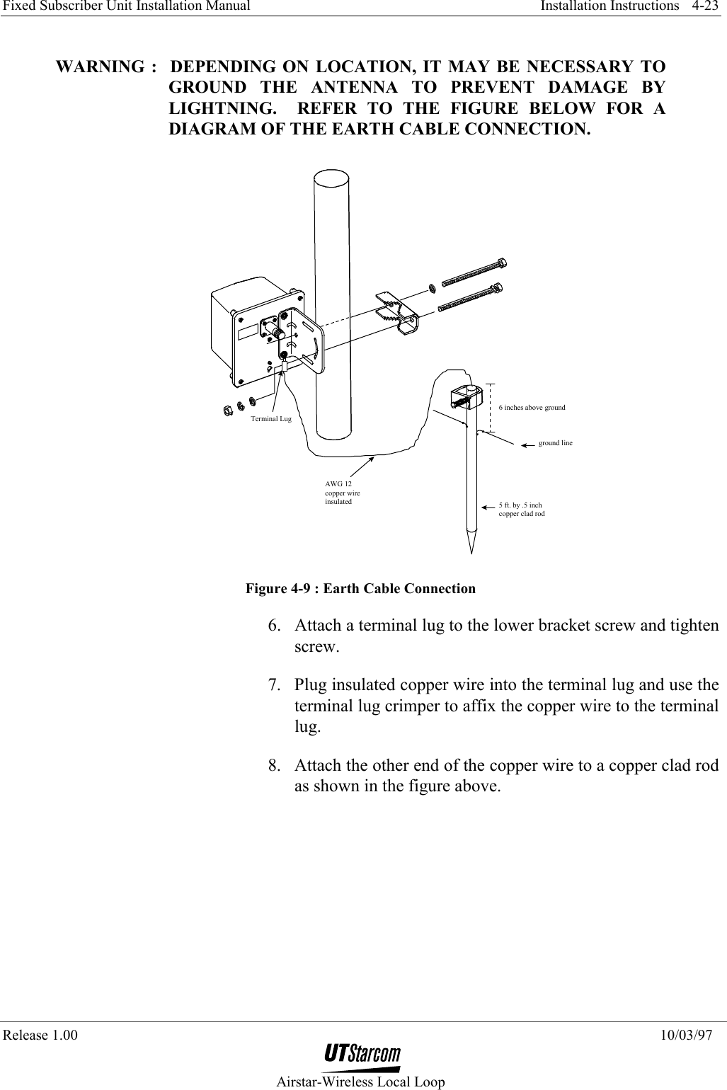 Fixed Subscriber Unit Installation Manual     Installation Instructions  Release 1.00    10/03/97  Airstar-Wireless Local Loop 4-23 WARNING :  DEPENDING ON LOCATION, IT MAY BE NECESSARY TO GROUND THE ANTENNA TO PREVENT DAMAGE BY LIGHTNING.  REFER TO THE FIGURE BELOW FOR A DIAGRAM OF THE EARTH CABLE CONNECTION.  AWG 12copper wireinsulated6 inches above groundground line5 ft. by .5 inchcopper clad rodTerminal Lug  Figure 4-9 : Earth Cable Connection 6.  Attach a terminal lug to the lower bracket screw and tighten screw. 7.  Plug insulated copper wire into the terminal lug and use the terminal lug crimper to affix the copper wire to the terminal lug. 8.  Attach the other end of the copper wire to a copper clad rod as shown in the figure above. 