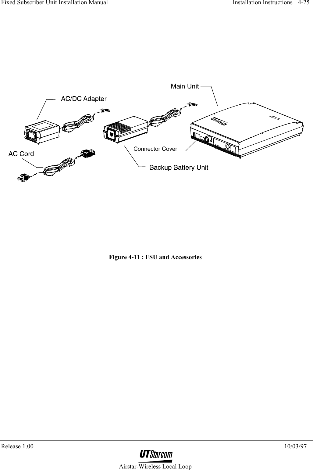 Fixed Subscriber Unit Installation Manual     Installation Instructions  Release 1.00    10/03/97  Airstar-Wireless Local Loop 4-25 Main UnitConnector Cover Figure 4-11 : FSU and Accessories 