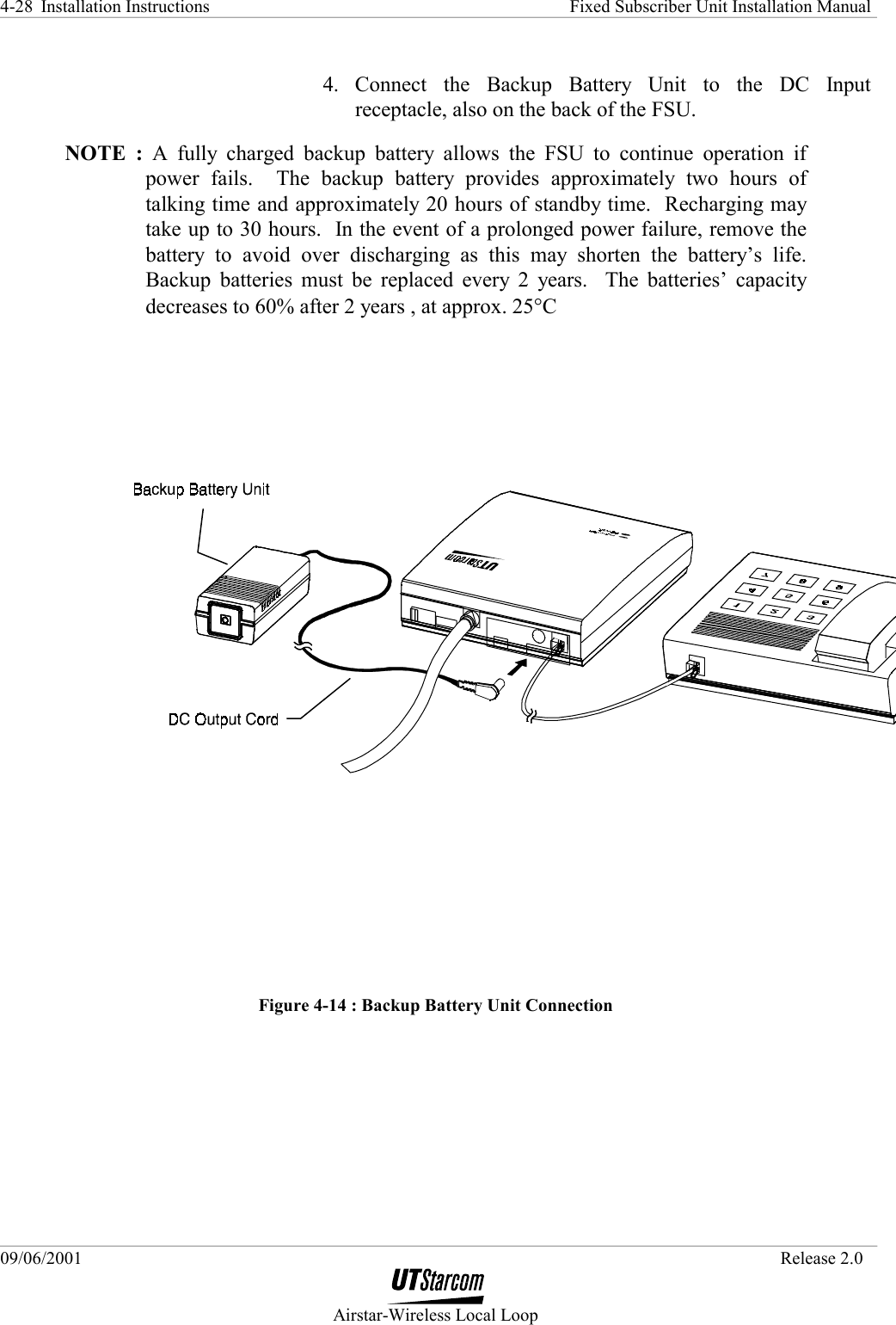 Installation Instructions    Fixed Subscriber Unit Installation Manual   09/06/2001   Release 2.0  Airstar-Wireless Local Loop 4-28 4. Connect the Backup Battery Unit to the DC Input receptacle, also on the back of the FSU. NOTE : A fully charged backup battery allows the FSU to continue operation if power fails.  The backup battery provides approximately two hours of talking time and approximately 20 hours of standby time.  Recharging may take up to 30 hours.  In the event of a prolonged power failure, remove the battery to avoid over discharging as this may shorten the battery’s life.  Backup batteries must be replaced every 2 years.  The batteries’ capacity decreases to 60% after 2 years , at approx. 25°C  Figure 4-14 : Backup Battery Unit Connection 