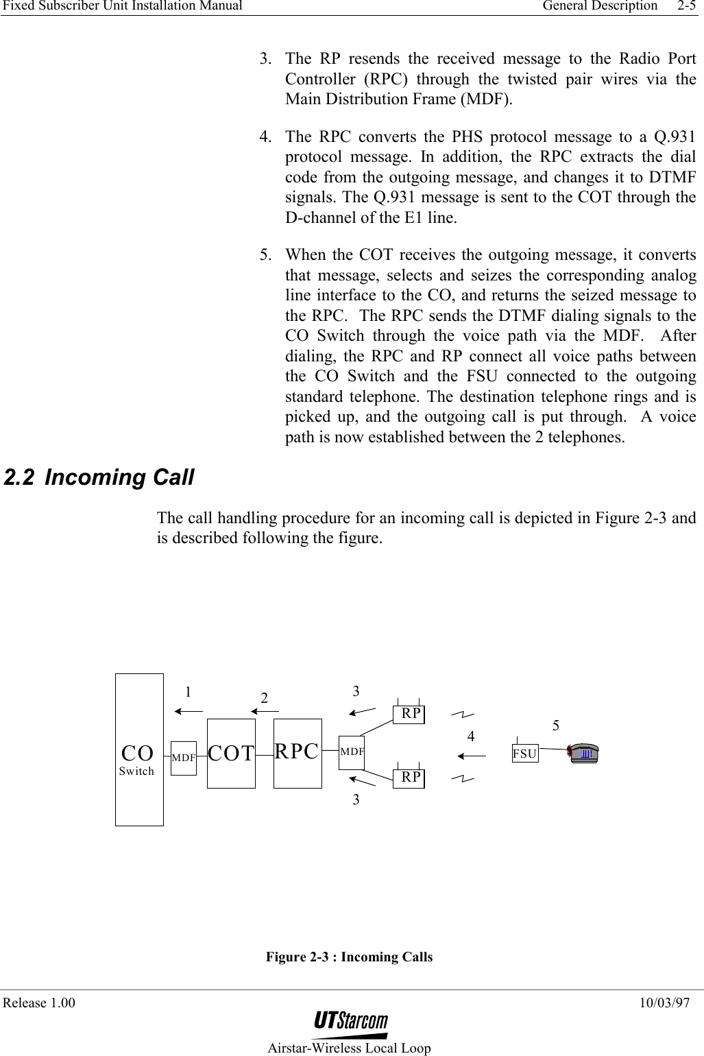 Fixed Subscriber Unit Installation Manual    General Description   Release 1.00    10/03/97  Airstar-Wireless Local Loop 2-5 3.  The RP resends the received message to the Radio Port Controller (RPC) through the twisted pair wires via the Main Distribution Frame (MDF).   4.  The RPC converts the PHS protocol message to a Q.931 protocol message. In addition, the RPC extracts the dial code from the outgoing message, and changes it to DTMF signals. The Q.931 message is sent to the COT through the D-channel of the E1 line.  5.  When the COT receives the outgoing message, it converts that message, selects and seizes the corresponding analog line interface to the CO, and returns the seized message to the RPC.  The RPC sends the DTMF dialing signals to the CO Switch through the voice path via the MDF.  After dialing, the RPC and RP connect all voice paths between the CO Switch and the FSU connected to the outgoing standard telephone. The destination telephone rings and is picked up, and the outgoing call is put through.  A voice path is now established between the 2 telephones. 2.2 Incoming Call The call handling procedure for an incoming call is depicted in Figure 2-3 and is described following the figure.  FSU5CO COT RPCRPRP32134SwitchMDF MDF Figure 2-3 : Incoming Calls 