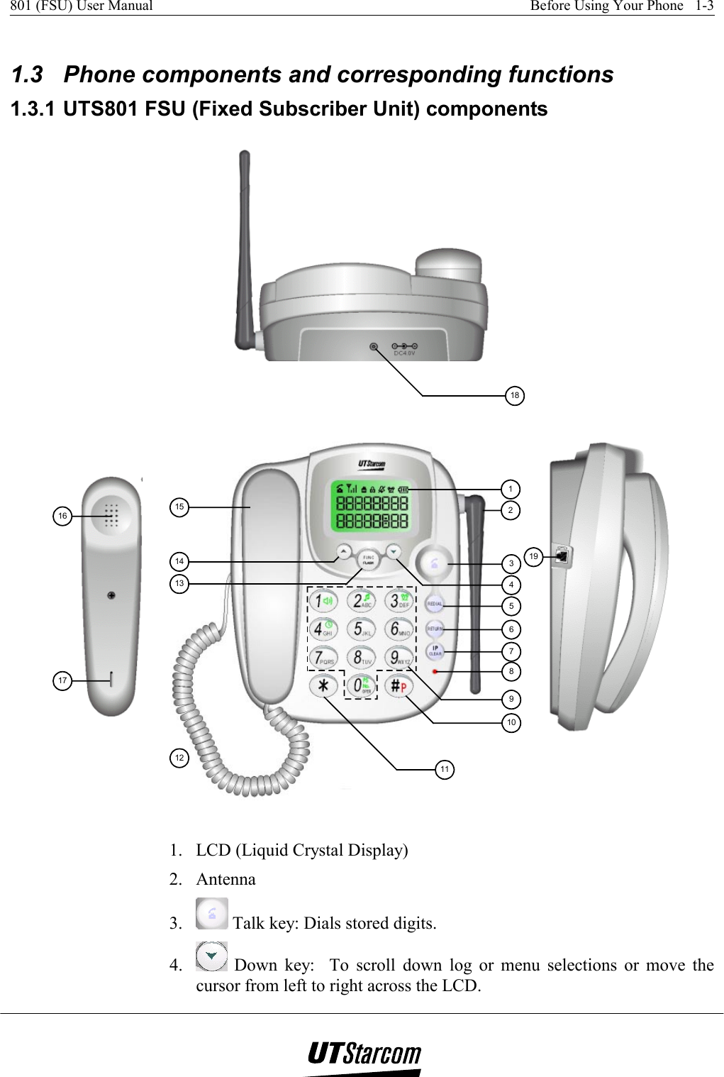 801 (FSU) User Manual    Before Using Your Phone   1-3    1.3  Phone components and corresponding functions 1.3.1 UTS801 FSU (Fixed Subscriber Unit) components 18196875123414131211109171615 1.  LCD (Liquid Crystal Display) 2. Antenna 3.   Talk key: Dials stored digits. 4.   Down key:  To scroll down log or menu selections or move the cursor from left to right across the LCD. 