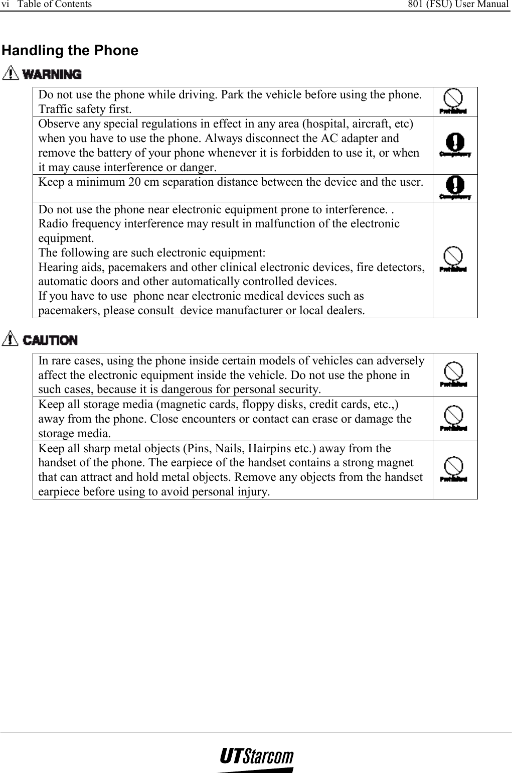 vi   Table of Contents     801 (FSU) User Manual      Handling the Phone  Do not use the phone while driving. Park the vehicle before using the phone. Traffic safety first.   Observe any special regulations in effect in any area (hospital, aircraft, etc) when you have to use the phone. Always disconnect the AC adapter and remove the battery of your phone whenever it is forbidden to use it, or when it may cause interference or danger. Keep a minimum 20 cm separation distance between the device and the user.  Do not use the phone near electronic equipment prone to interference. . Radio frequency interference may result in malfunction of the electronic equipment. The following are such electronic equipment: Hearing aids, pacemakers and other clinical electronic devices, fire detectors, automatic doors and other automatically controlled devices. If you have to use  phone near electronic medical devices such as pacemakers, please consult  device manufacturer or local dealers.    In rare cases, using the phone inside certain models of vehicles can adversely affect the electronic equipment inside the vehicle. Do not use the phone in such cases, because it is dangerous for personal security.   Keep all storage media (magnetic cards, floppy disks, credit cards, etc.,) away from the phone. Close encounters or contact can erase or damage the storage media.   Keep all sharp metal objects (Pins, Nails, Hairpins etc.) away from the handset of the phone. The earpiece of the handset contains a strong magnet that can attract and hold metal objects. Remove any objects from the handset earpiece before using to avoid personal injury.   