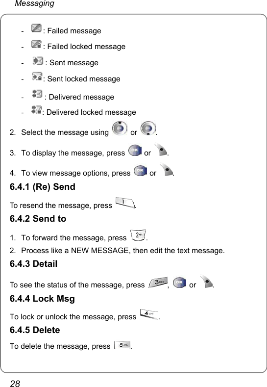 Messaging 28 - : Failed message - : Failed locked message - : Sent message - : Sent locked message - : Delivered message - : Delivered locked message 2.  Select the message using   or  . 3.  To display the message, press   or  . 4.  To view message options, press   or  . 6.4.1 (Re) Send To resend the message, press  . 6.4.2 Send to 1.  To forward the message, press  . 2.  Process like a NEW MESSAGE, then edit the text message. 6.4.3 Detail To see the status of the message, press  ,   or  . 6.4.4 Lock Msg To lock or unlock the message, press  . 6.4.5 Delete To delete the message, press  . 