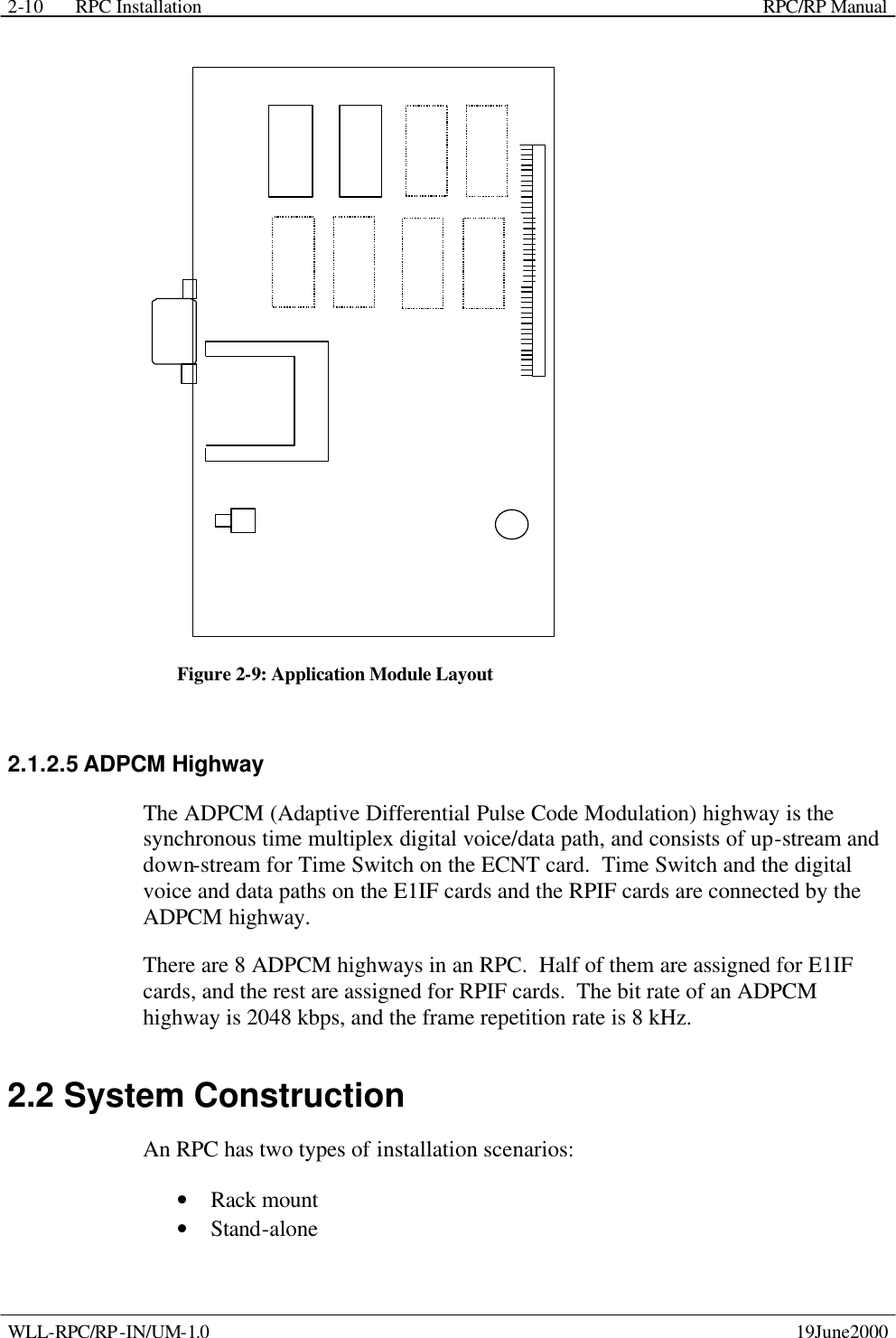 RPC Installation    RPC/RP Manual WLL-RPC/RP-IN/UM-1.0    19June2000 2-10 Figure 2-9: Application Module Layout 2.1.2.5 ADPCM Highway The ADPCM (Adaptive Differential Pulse Code Modulation) highway is the synchronous time multiplex digital voice/data path, and consists of up-stream and down-stream for Time Switch on the ECNT card.  Time Switch and the digital voice and data paths on the E1IF cards and the RPIF cards are connected by the ADPCM highway. There are 8 ADPCM highways in an RPC.  Half of them are assigned for E1IF cards, and the rest are assigned for RPIF cards.  The bit rate of an ADPCM highway is 2048 kbps, and the frame repetition rate is 8 kHz. 2.2 System Construction An RPC has two types of installation scenarios: • Rack mount  • Stand-alone  