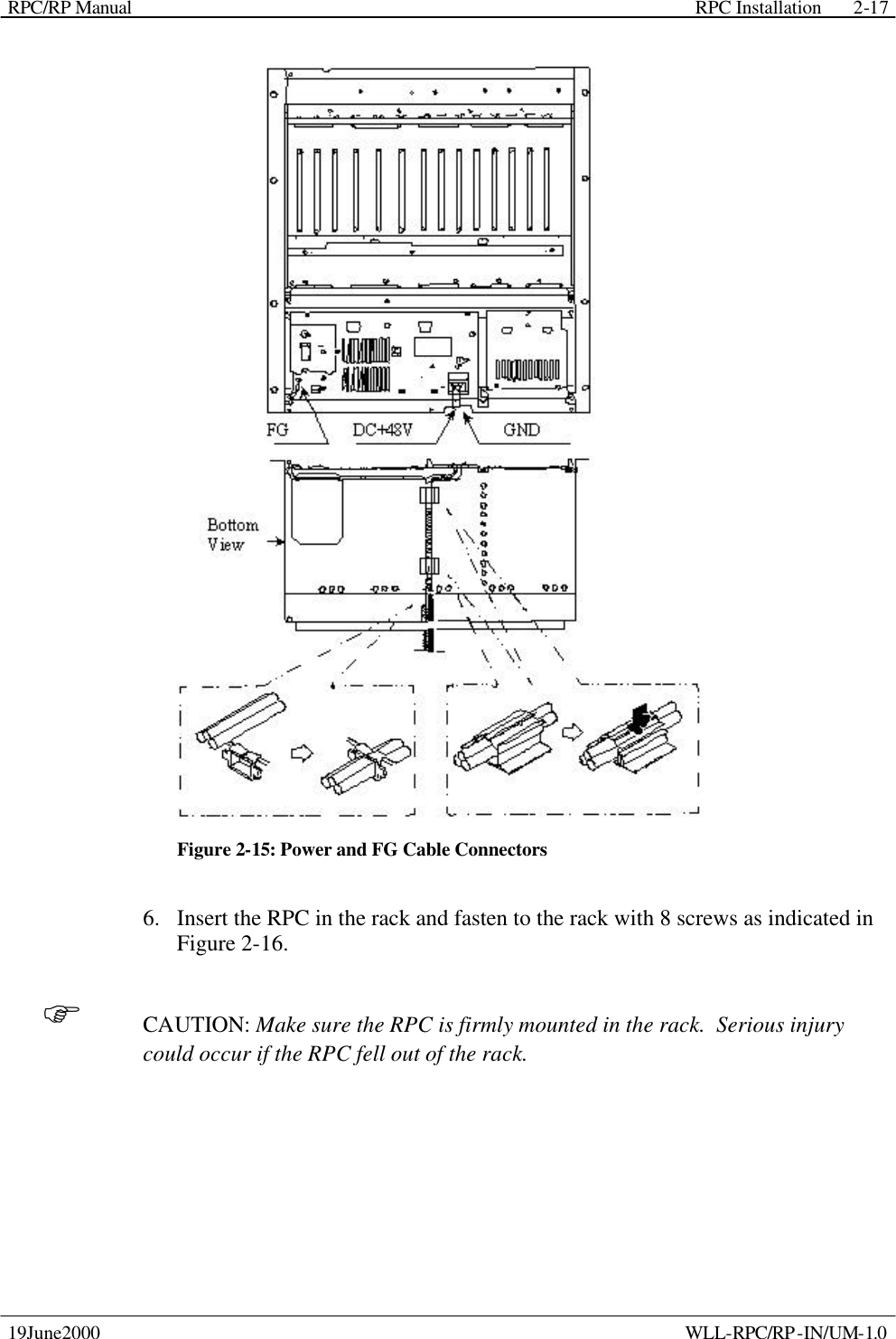 RPC/RP Manual    RPC Installation  19June2000    WLL-RPC/RP-IN/UM-1.0 2-17 Figure 2-15: Power and FG Cable Connectors 6.  Insert the RPC in the rack and fasten to the rack with 8 screws as indicated in Figure 2-16. F CAUTION: Make sure the RPC is firmly mounted in the rack.  Serious injury could occur if the RPC fell out of the rack. 