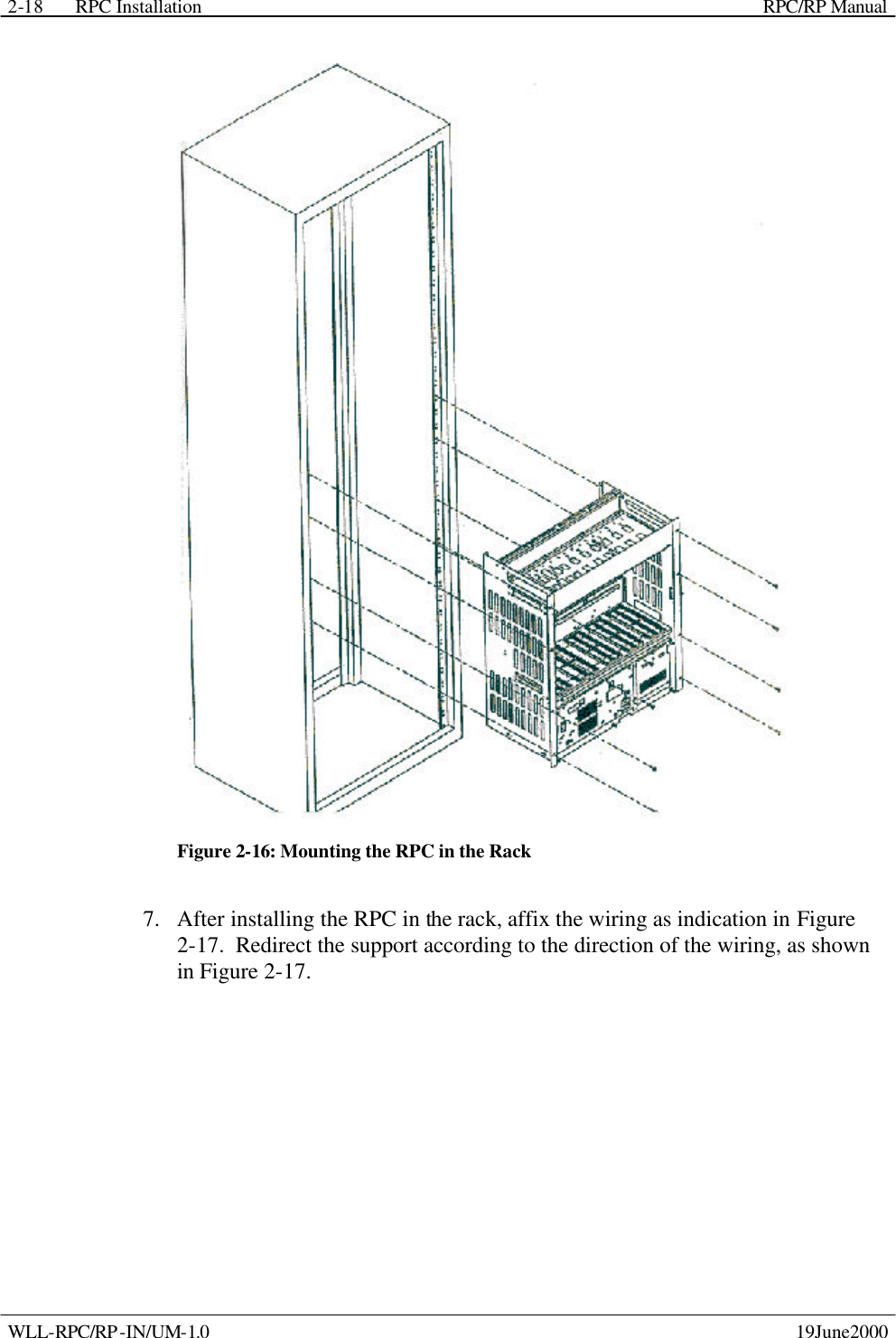 RPC Installation    RPC/RP Manual WLL-RPC/RP-IN/UM-1.0    19June2000 2-18 Figure 2-16: Mounting the RPC in the Rack 7.  After installing the RPC in the rack, affix the wiring as indication in Figure 2-17.  Redirect the support according to the direction of the wiring, as shown in Figure 2-17. 