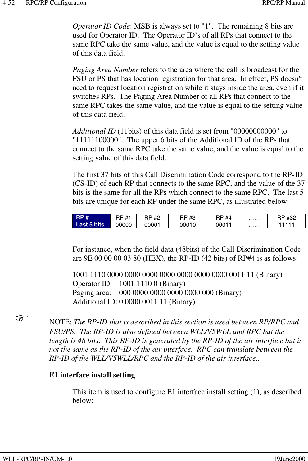  RPC/RP Configuration    RPC/RP Manual   WLL-RPC/RP-IN/UM-1.0    19June2000 4-52Operator ID Code: MSB is always set to &quot;1&quot;.  The remaining 8 bits are used for Operator ID.  The Operator ID’s of all RPs that connect to the same RPC take the same value, and the value is equal to the setting value of this data field. Paging Area Number refers to the area where the call is broadcast for the FSU or PS that has location registration for that area.  In effect, PS doesn&apos;t need to request location registration while it stays inside the area, even if it switches RPs.  The Paging Area Number of all RPs that connect to the same RPC takes the same value, and the value is equal to the setting value of this data field.  Additional ID (11bits) of this data field is set from &quot;00000000000&quot; to  &quot;11111100000&quot;.  The upper 6 bits of the Additional ID of the RPs that connect to the same RPC take the same value, and the value is equal to the setting value of this data field. The first 37 bits of this Call Discrimination Code correspond to the RP-ID (CS-ID) of each RP that connects to the same RPC, and the value of the 37 bits is the same for all the RPs which connect to the same RPC.  The last 5 bits are unique for each RP under the same RPC, as illustrated below: RP # RP #1 RP #2 RP #3 RP #4 …… RP #32 Last 5 bits 00000 00001 00010 00011 …… 11111  For instance, when the field data (48bits) of the Call Discrimination Code are 9E 00 00 00 03 80 (HEX), the RP-ID (42 bits) of RP#4 is as follows: 1001 1110 0000 0000 0000 0000 0000 0000 0000 0011 11 (Binary) Operator ID:  1001 1110 0 (Binary) Paging area:   000 0000 0000 0000 0000 000 (Binary) Additional ID: 0 0000 0011 11 (Binary) F NOTE: The RP-ID that is described in this section is used between RP/RPC and FSU/PS.  The RP-ID is also defined between WLL/V5WLL and RPC but the length is 48 bits.  This RP-ID is generated by the RP-ID of the air interface but is not the same as the RP-ID of the air interface.  RPC can translate between the RP-ID of the WLL/V5WLL/RPC and the RP-ID of the air interface.. E1 interface install setting This item is used to configure E1 interface install setting (1), as described below: 
