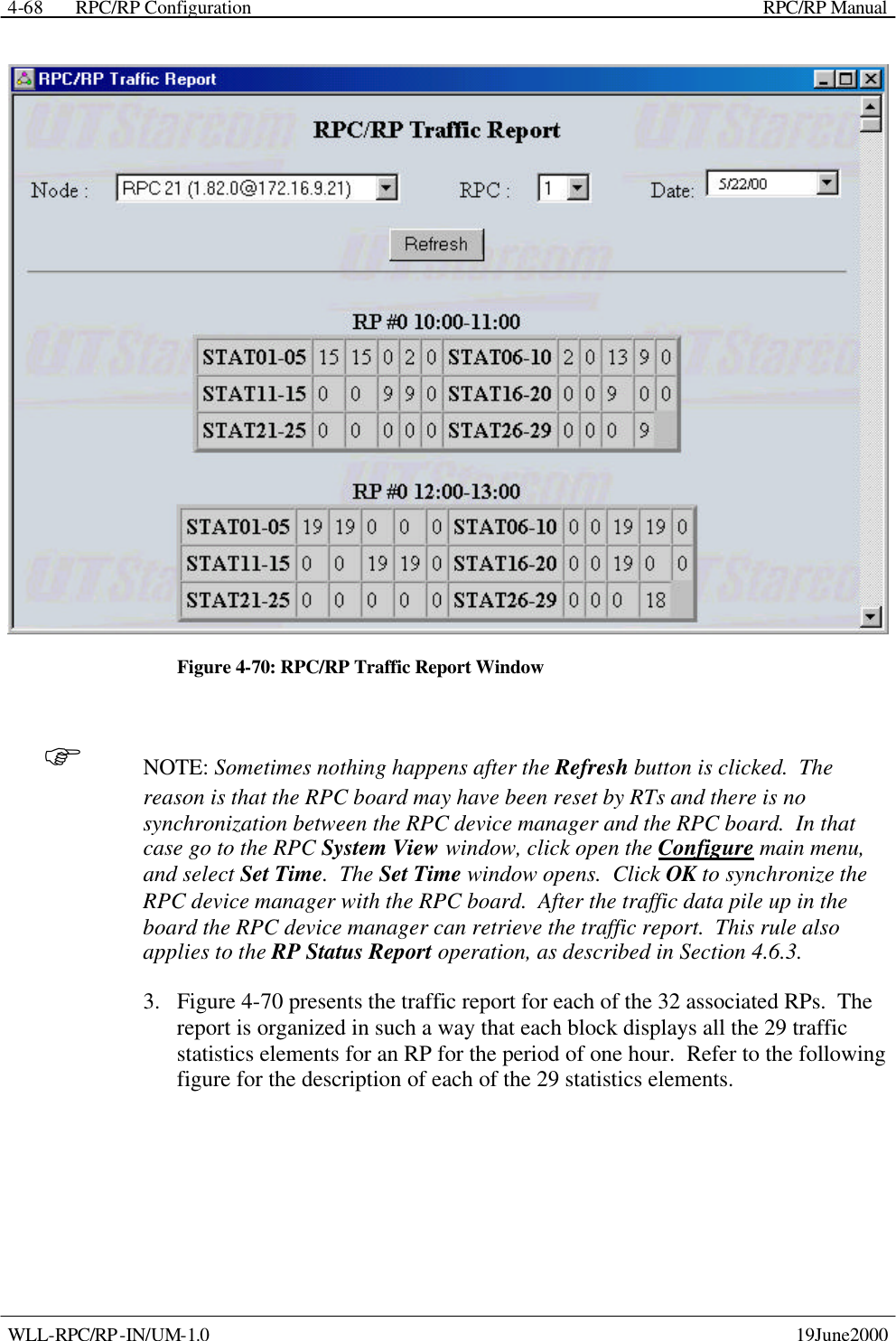  RPC/RP Configuration    RPC/RP Manual   WLL-RPC/RP-IN/UM-1.0    19June2000 4-68 Figure 4-70: RPC/RP Traffic Report Window F NOTE: Sometimes nothing happens after the Refresh button is clicked.  The reason is that the RPC board may have been reset by RTs and there is no synchronization between the RPC device manager and the RPC board.  In that case go to the RPC System View window, click open the Configure main menu, and select Set Time.  The Set Time window opens.  Click OK to synchronize the RPC device manager with the RPC board.  After the traffic data pile up in the board the RPC device manager can retrieve the traffic report.  This rule also applies to the RP Status Report operation, as described in Section 4.6.3. 3.  Figure 4-70 presents the traffic report for each of the 32 associated RPs.  The report is organized in such a way that each block displays all the 29 traffic statistics elements for an RP for the period of one hour.  Refer to the following figure for the description of each of the 29 statistics elements. 