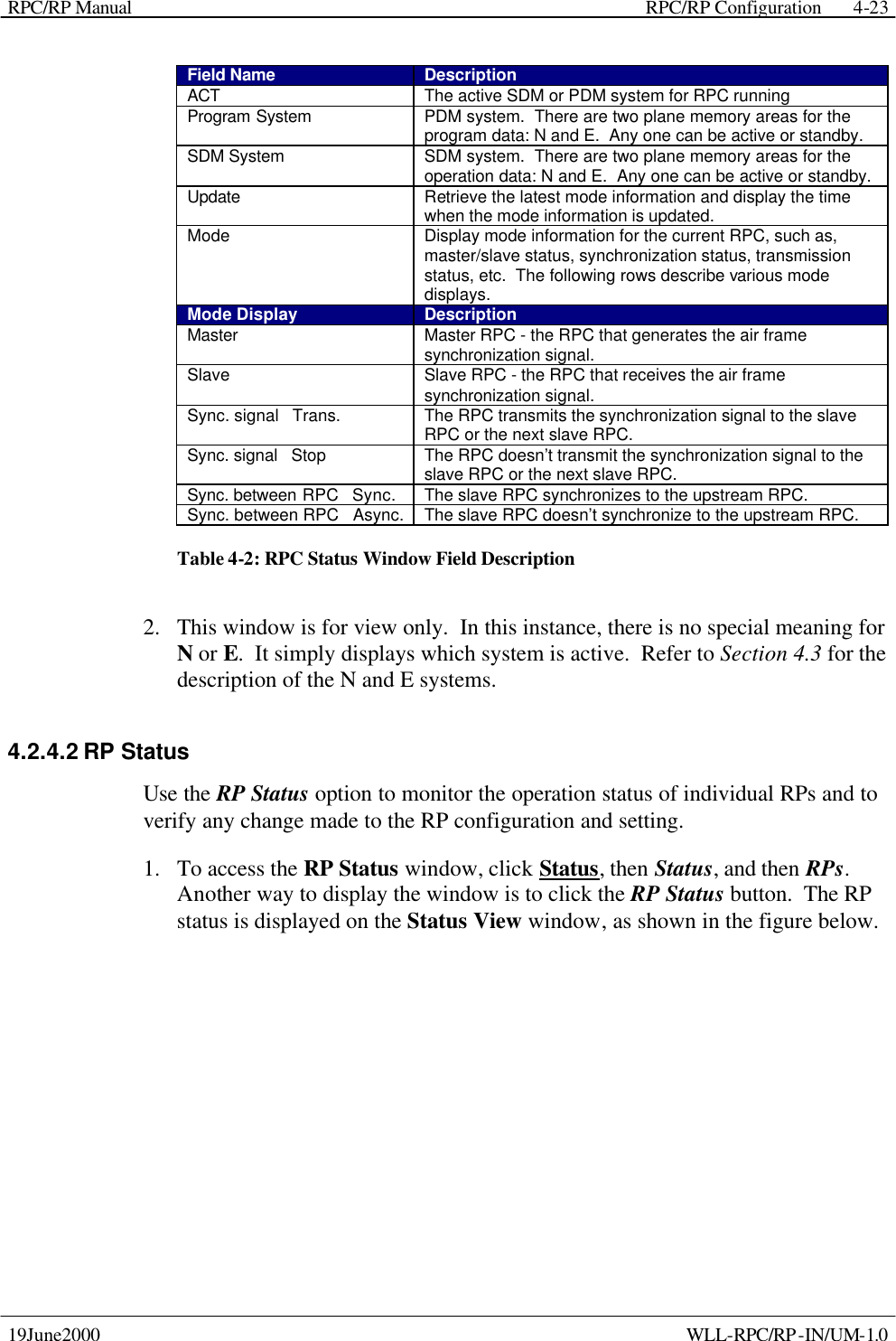 RPC/RP Manual    RPC/RP Configuration 19June2000    WLL-RPC/RP-IN/UM-1.0 4-23Field Name Description ACT The active SDM or PDM system for RPC running Program System PDM system.  There are two plane memory areas for the program data: N and E.  Any one can be active or standby. SDM System SDM system.  There are two plane memory areas for the operation data: N and E.  Any one can be active or standby. Update Retrieve the latest mode information and display the time when the mode information is updated. Mode Display mode information for the current RPC, such as, master/slave status, synchronization status, transmission status, etc.  The following rows describe various mode displays. Mode Display Description Master Master RPC - the RPC that generates the air frame synchronization signal. Slave Slave RPC - the RPC that receives the air frame synchronization signal. Sync. signal   Trans. The RPC transmits the synchronization signal to the slave RPC or the next slave RPC. Sync. signal   Stop The RPC doesn’t transmit the synchronization signal to the slave RPC or the next slave RPC. Sync. between RPC   Sync. The slave RPC synchronizes to the upstream RPC. Sync. between RPC   Async. The slave RPC doesn’t synchronize to the upstream RPC. Table 4-2: RPC Status Window Field Description 2.  This window is for view only.  In this instance, there is no special meaning for N or E.  It simply displays which system is active.  Refer to Section 4.3 for the description of the N and E systems. 4.2.4.2 RP Status Use the RP Status option to monitor the operation status of individual RPs and to verify any change made to the RP configuration and setting. 1.  To access the RP Status window, click Status, then Status, and then RPs.  Another way to display the window is to click the RP Status button.  The RP status is displayed on the Status View window, as shown in the figure below.   