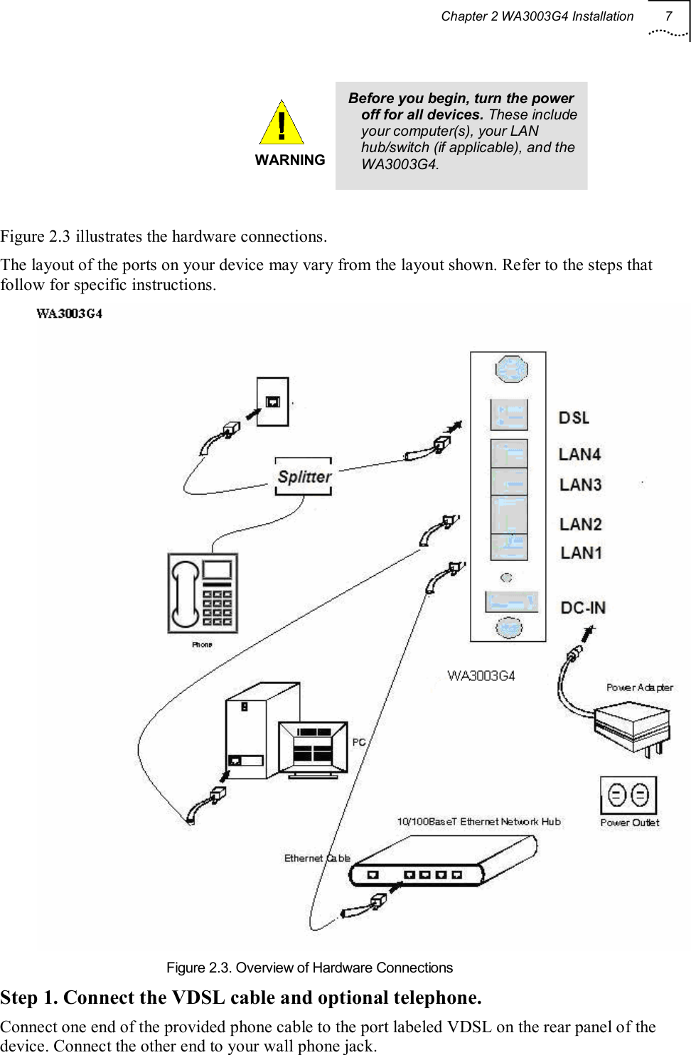 Chapter 2 WA3003G4 Installation 7     WARNING Before you begin, turn the power off for all devices. These include your computer(s), your LAN hub/switch (if applicable), and the WA3003G4.  Figure 2.3 illustrates the hardware connections. The layout of the ports on your device may vary from the layout shown. Refer to the steps that follow for specific instructions. Figure 2.3. Overview of Hardware Connections Step 1. Connect the VDSL cable and optional telephone. Connect one end of the provided phone cable to the port labeled VDSL on the rear panel of the device. Connect the other end to your wall phone jack. 