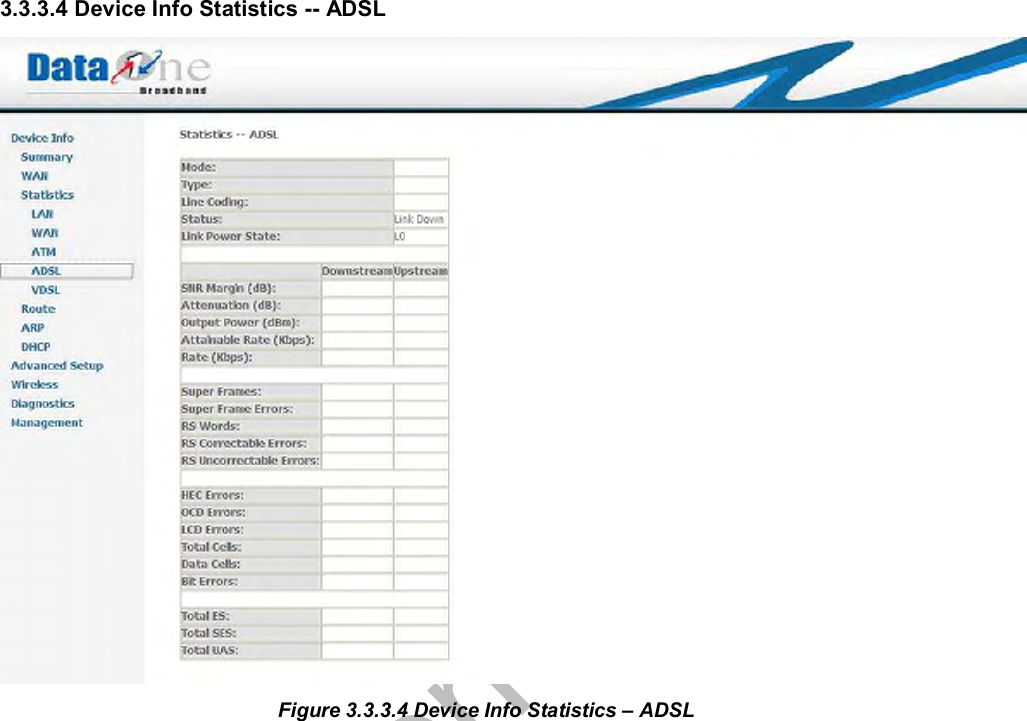  3.3.3.4 Device Info Statistics -- ADSL  Figure 3.3.3.4 Device Info Statistics – ADSL  