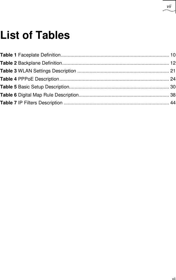 vii  vii List of Tables Table 1 Faceplate Definition............................................................................... 10 Table 2 Backplane Definition.............................................................................. 12 Table 3 WLAN Settings Description ................................................................... 21 Table 4 PPPoE Description................................................................................ 24 Table 5 Basic Setup Description......................................................................... 30 Table 6 Digital Map Rule Description.................................................................. 38 Table 7 IP Filters Description ............................................................................. 44    