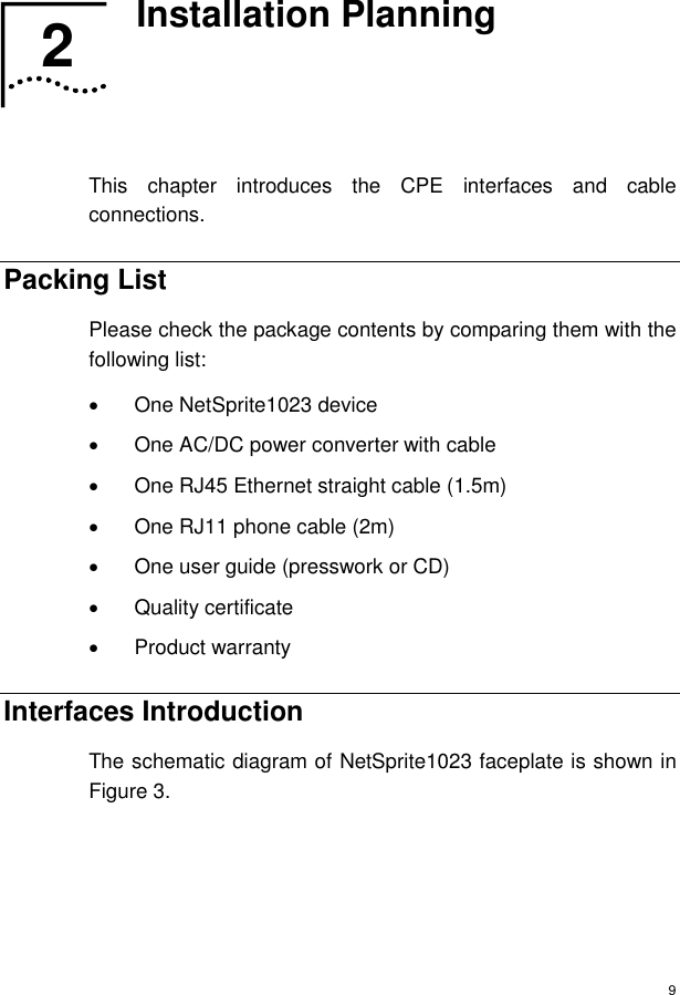  9 2  Installation Planning   This chapter introduces the CPE interfaces and cable connections. Packing List Please check the package contents by comparing them with the following list: •  One NetSprite1023 device •  One AC/DC power converter with cable  •  One RJ45 Ethernet straight cable (1.5m)  •  One RJ11 phone cable (2m) •  One user guide (presswork or CD) • Quality certificate • Product warranty Interfaces Introduction The schematic diagram of NetSprite1023 faceplate is shown in Figure 3. 2  