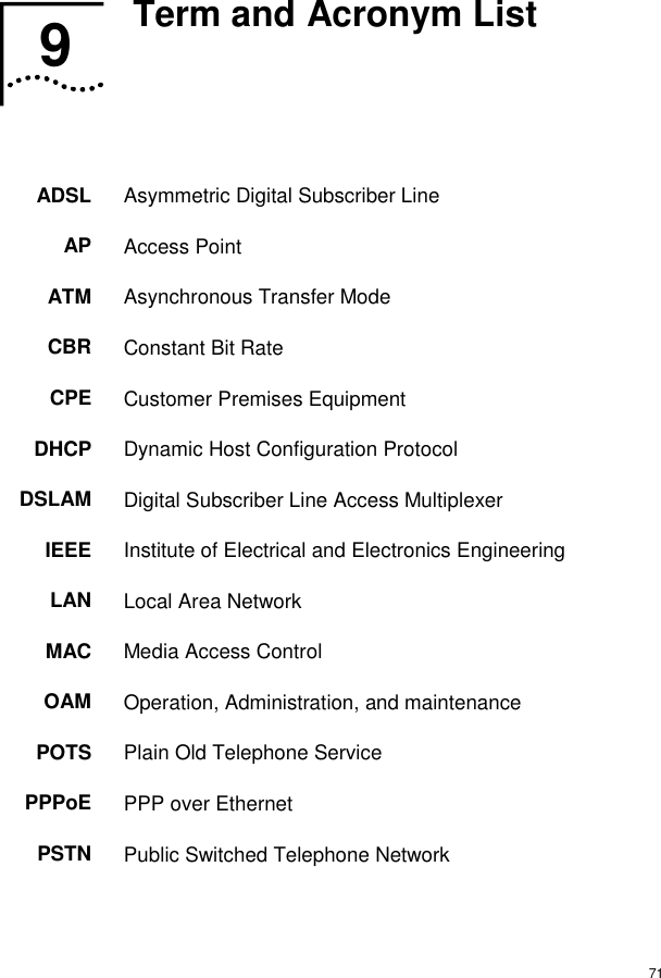  71 9  Term and Acronym List   ADSL  Asymmetric Digital Subscriber Line AP  Access Point ATM  Asynchronous Transfer Mode CBR  Constant Bit Rate CPE  Customer Premises Equipment  DHCP  Dynamic Host Configuration Protocol DSLAM  Digital Subscriber Line Access Multiplexer IEEE  Institute of Electrical and Electronics Engineering LAN  Local Area Network MAC  Media Access Control OAM  Operation, Administration, and maintenance POTS  Plain Old Telephone Service PPPoE  PPP over Ethernet PSTN  Public Switched Telephone Network 9  