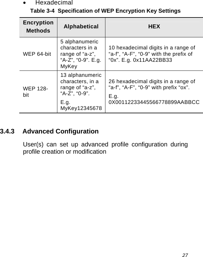  27 • Hexadecimal Table 3-4  Specification of WEP Encryption Key Settings Encryption Methods  Alphabetical  HEX WEP 64-bit 5 alphanumeric characters in a  range of “a-z”, “A-Z”, “0-9”. E.g. MyKey 10 hexadecimal digits in a range of “a-f”, “A-F”, “0-9” with the prefix of “0x”. E.g. 0x11AA22BB33 WEP 128-bit 13 alphanumeric characters, in a range of “a-z”, “A-Z”, “0-9”.  E.g. MyKey1234567826 hexadecimal digits in a range of “a-f”, “A-F”, “0-9” with prefix “ox”.  E.g. 0X00112233445566778899AABBCC  3.4.3 Advanced Configuration User(s) can set up advanced profile configuration during profile creation or modification 