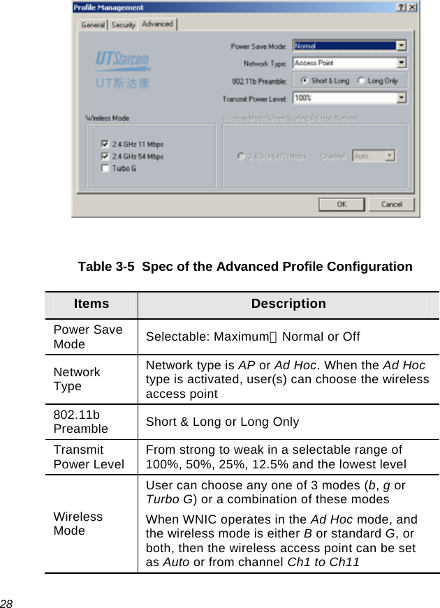  28   Table 3-5  Spec of the Advanced Profile Configuration Items  Description Power Save Mode  Selectable: Maximum，Normal or Off  Network Type Network type is AP or Ad Hoc. When the Ad Hoc type is activated, user(s) can choose the wireless access point 802.11b Preamble  Short &amp; Long or Long Only Transmit Power Level  From strong to weak in a selectable range of 100%, 50%, 25%, 12.5% and the lowest level  Wireless Mode User can choose any one of 3 modes (b, g or Turbo G) or a combination of these modes When WNIC operates in the Ad Hoc mode, and the wireless mode is either B or standard G, or both, then the wireless access point can be set as Auto or from channel Ch1 to Ch11 